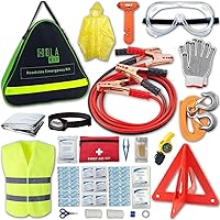 Vista 1 de HolaKit Kit de emergencia para automóvil, kit de carretera de 55 piezas con cables de puente, kit de primeros auxilios, martillo de seguridad