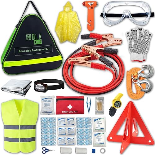 HolaKit Kit de emergencia para automóvil, kit de carretera de 55 piezas con cables de puente, kit de primeros auxilios, martillo de seguridad,
