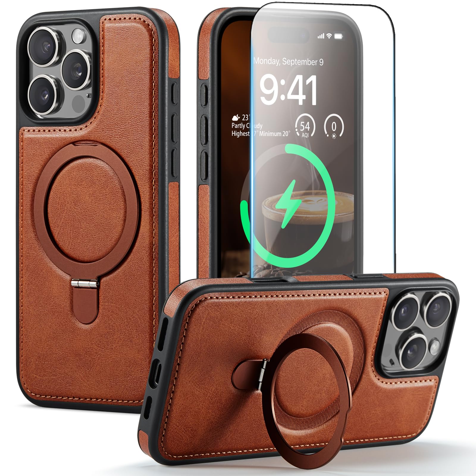 for iphone 16 pro max case with stand compatible with magsafe slim pu leather & rubber drop proof magnetic kickstand protective phone cover with tempered glass screen protector 6.9", brown