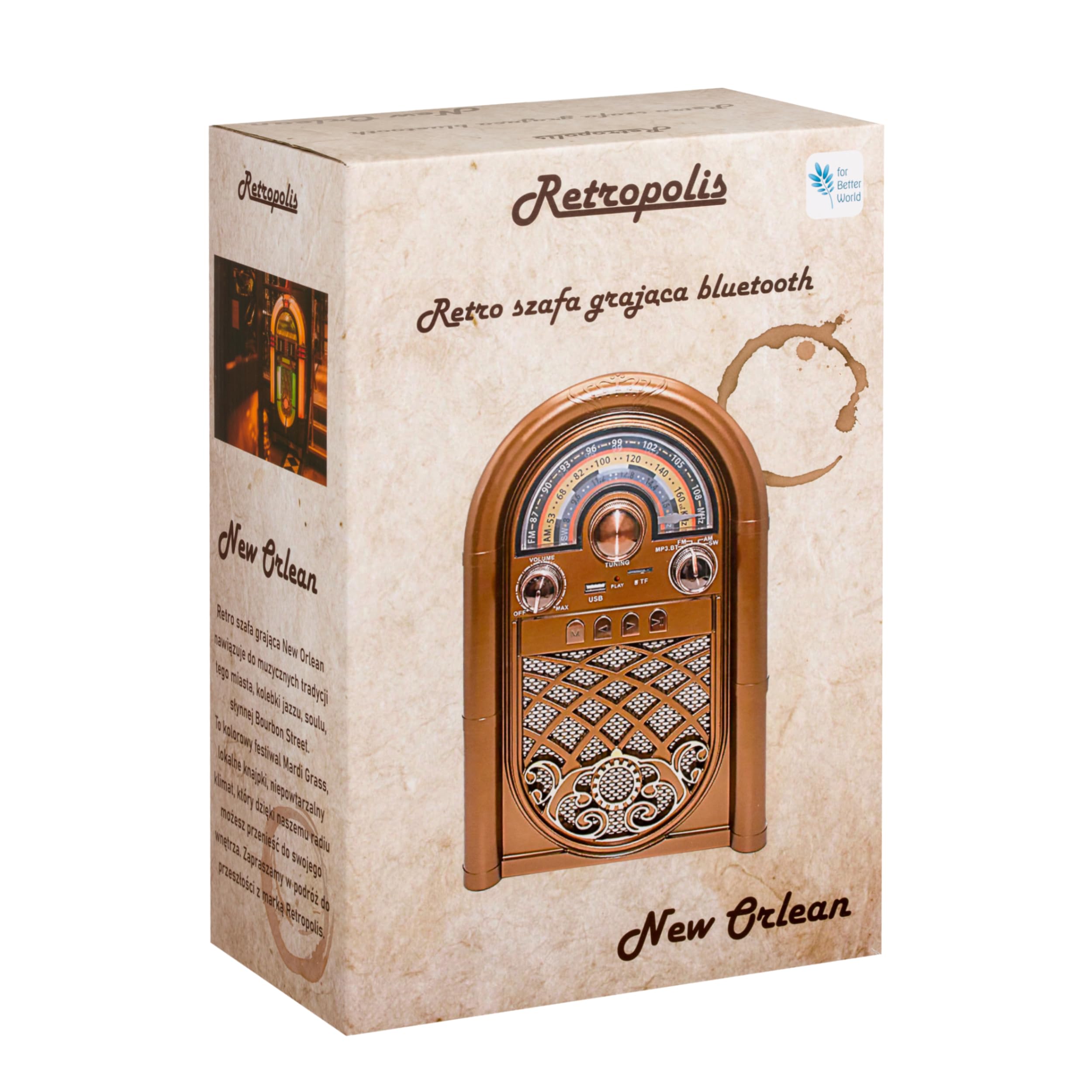 Retropolis New Orleans – Retro Radio mit Bluetooth 5.0, Tragbares Radio FM/AM/SW, 1200mAh Akku, USB/microSD MP3-Player, Powerbank-Funktion, Netz- und Batteriebetrieb