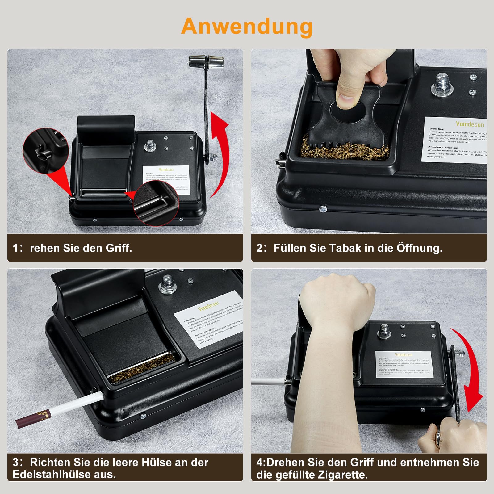 Zigarettenstopfmaschine, Vomdeson 8mm Durchmesser Manuell Stopfmaschine für Zigaretten, Cigarette Rolling Machine, mit Zigarettenetui und Zubehör