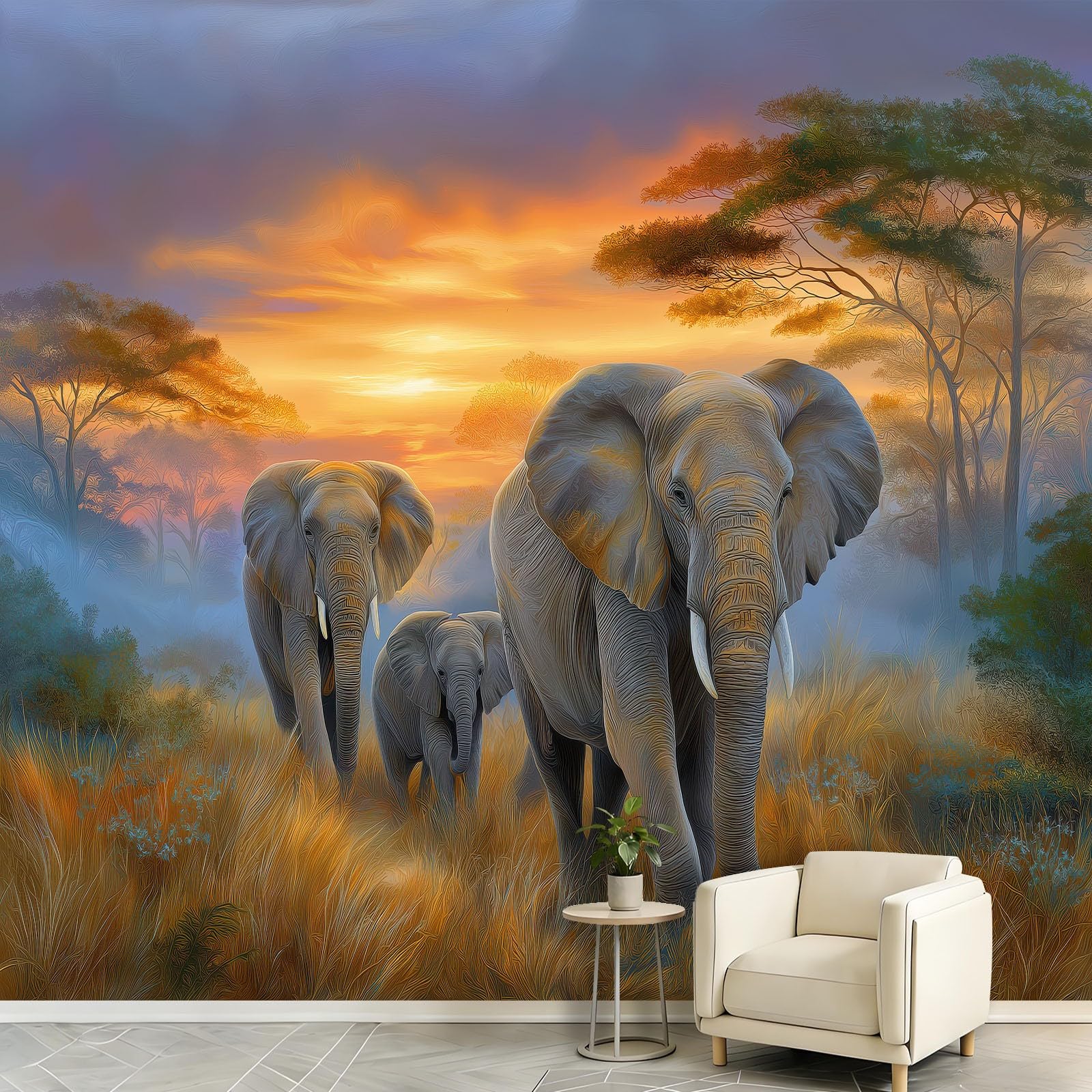 Carta da parati fotografica, 250 x 175 cm, decorazione da parete, motivo: savana africana, elefante, decorazione da parete, carta da parati in tessuto non tessuto, per soggiorno, hotel, studio