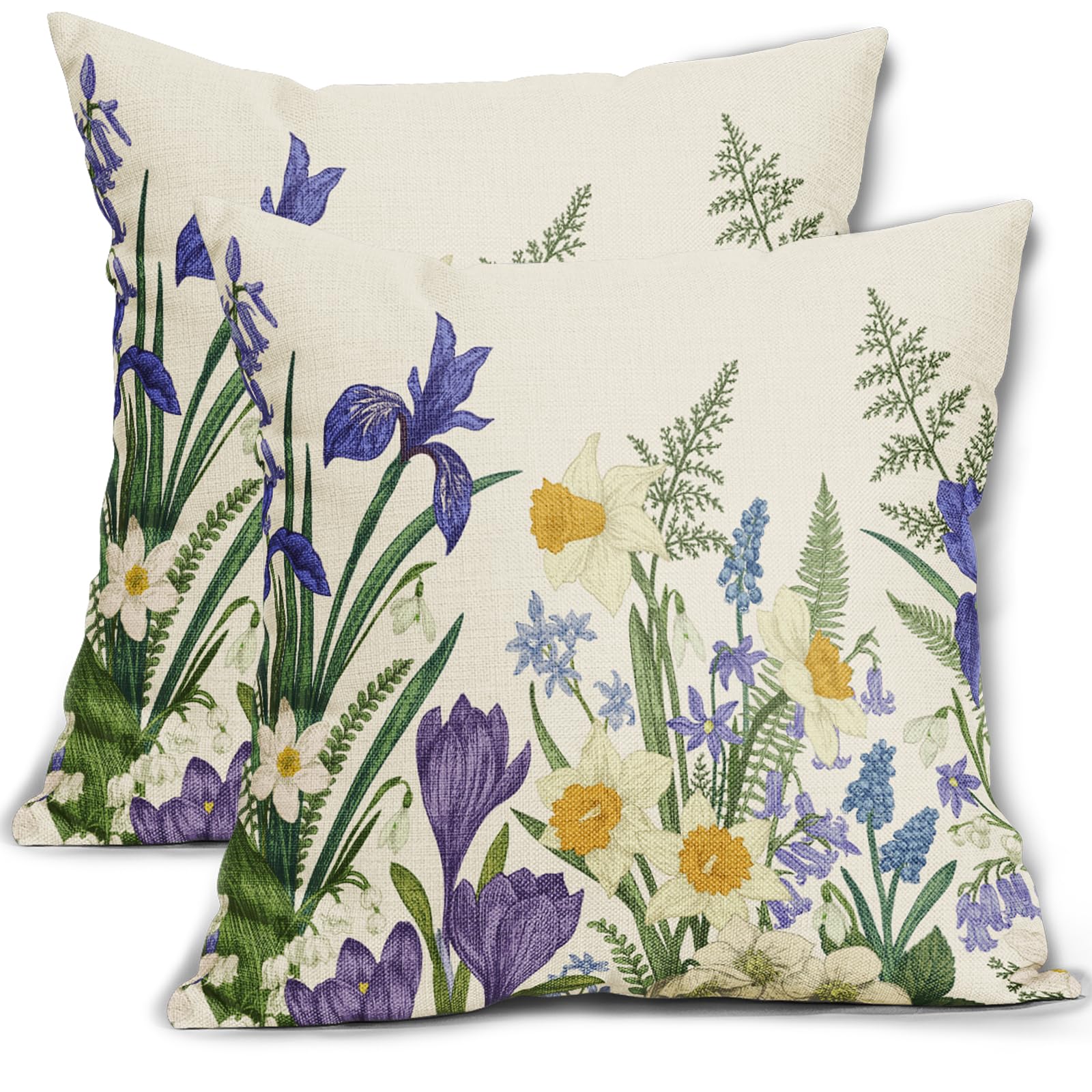 sorfbliss Spring Summer Flower Pillow Covers 18x18 Set of 2 Vintage White Purple Daffodils Green Leaves Botanical Print Decorative Throw Pillow Cases Outdoor Farmhouse Decor for Sofa Couch Bed