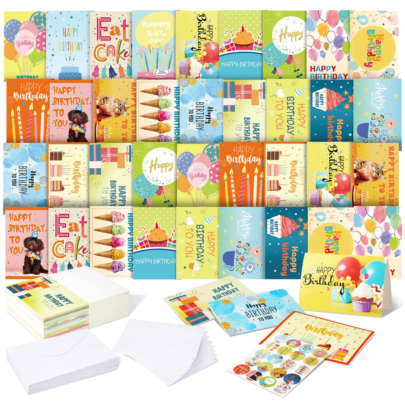 Harloon Lot de 200 cartes d'anniversaire uniques assorties en vrac avec enveloppes vierges et autocollants de 10,2 x 15,2 cm, cartes d'anniversaire vierges pour femmes, hommes, enfants, adultes, 20