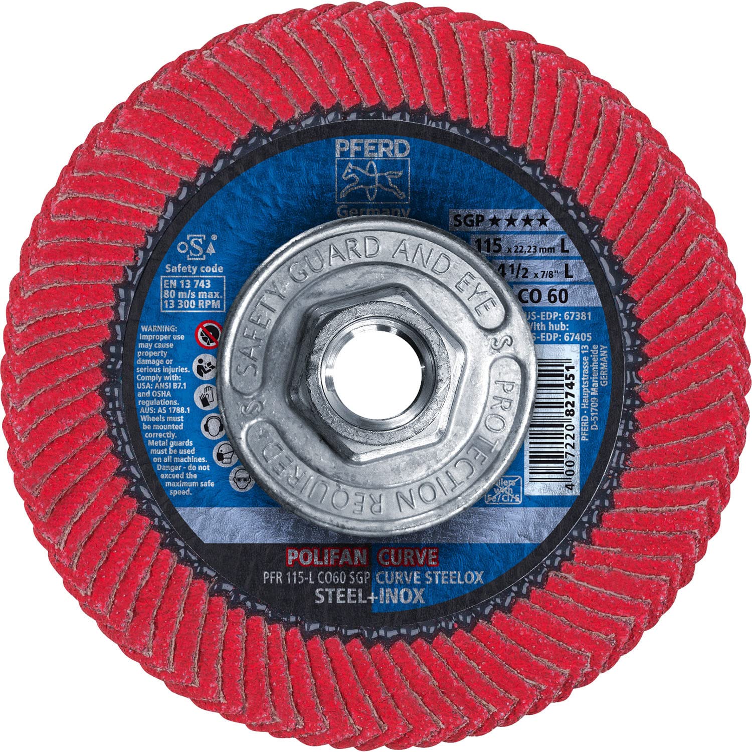 PFERD 67405 4-1/2" x 5/8-11 POLIFAN CURVE Flap Disc SGP, Ceramic Oxide, 60 Grit, (10pk)