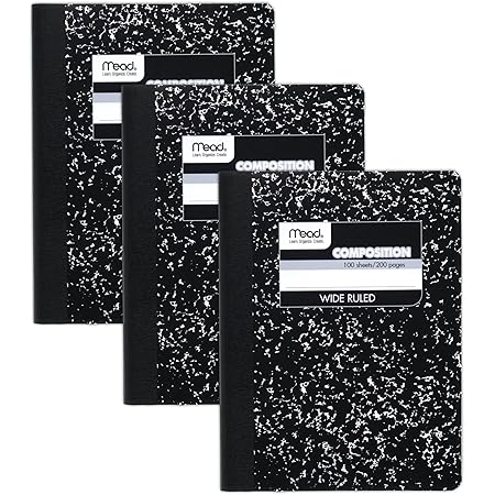 Mead Composition Notebook, 3 Pack, Wide Ruled Paper, 9-3/4" x 7-1/2", 100 Sheets per Notebook, Black Marble (38301)