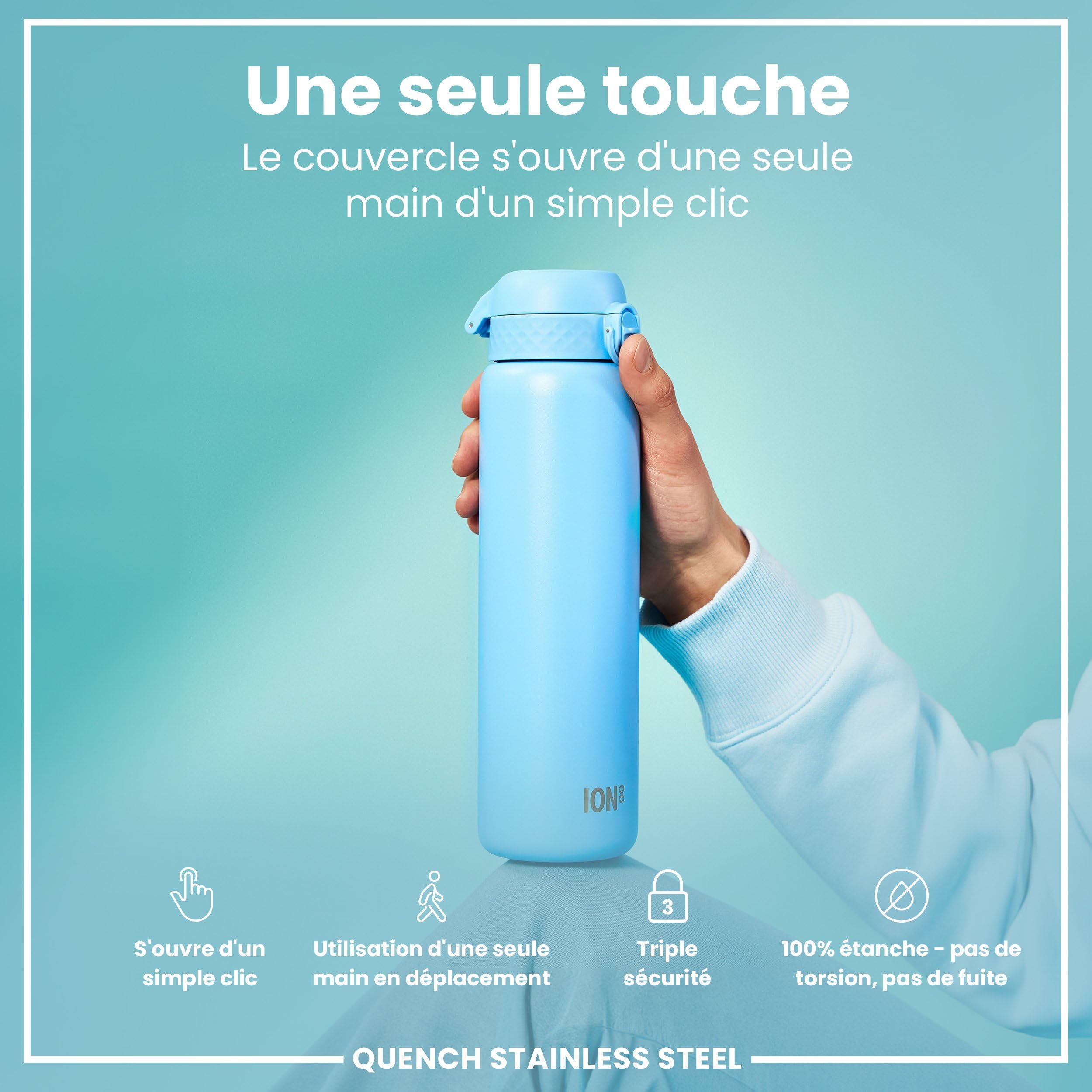 Gourde Inox Ion8 1 Litre (1200 Ml) - Anti-fuite, Bec Verrouillable, Lavable Lave-vaisselle - Poignée Intégrée