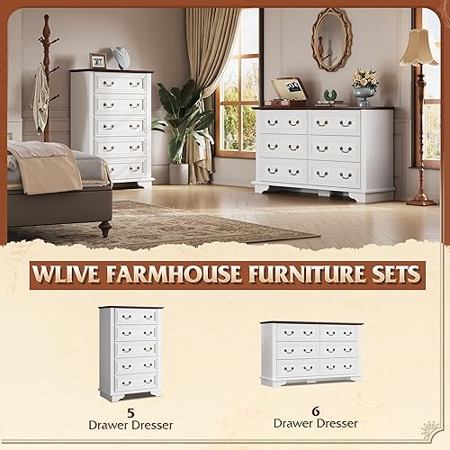 Miniatura 8 de WLIVE Farmhouse Dresser for Bedroom, Wood Dresser with 5 Drawer, Chest of Drawers with Roman Metal Handle for Living Room, White