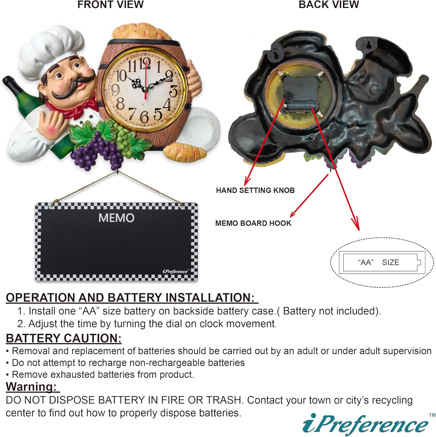 2 in 1 Wall Clock and Black Board with Chef Décor Display and Leave Your Message on The rewritable Black Board, Decoration/Home/Kitchen/Livingroom/Dining Room/Restaurant/Bar/Cafe