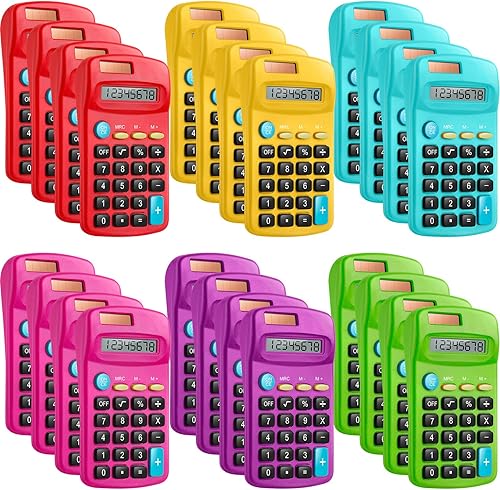 Paquete de 12 mini calculadoras básicas de tamaño de bolsillo para estudiantes en ángulo de mano, pantalla de 8 dígitos, batería solar, calculadora