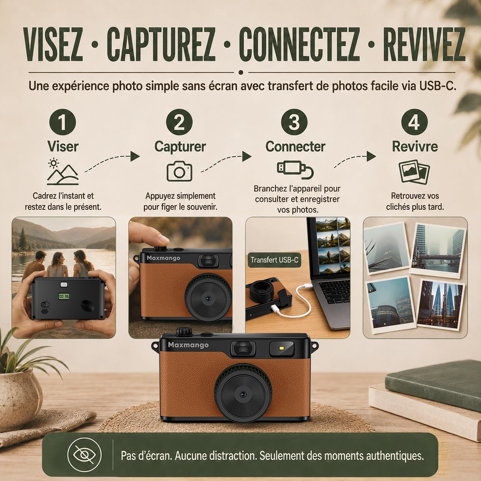 Maxmango D53 Appareil Photo Vintage sans Écran, Numérique Rétro 12 MP, Filtres DIY, Transfert USB-C, Carte SD 8 Go, Marron