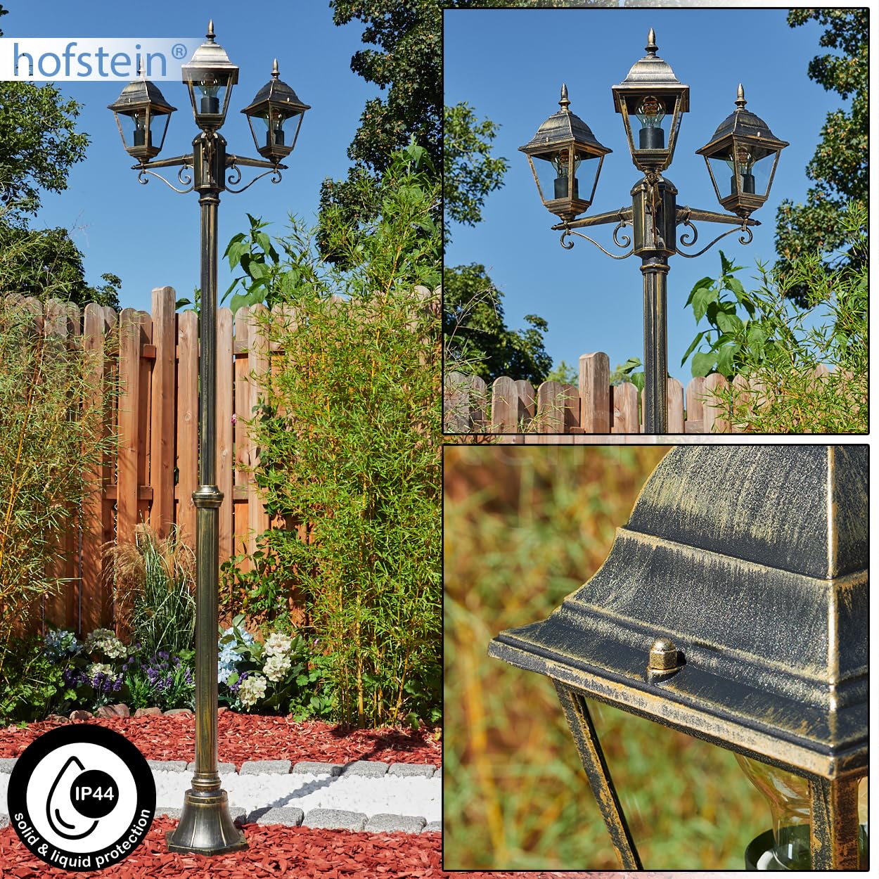 HOFSTEIN Lampa zewnętrzna Naofe, oświetlenie ścieżki z metalu/szkła w kolorze czarno-złotym/brązowym/przezroczystym, kandelabr o antycznym wyglądzie, wysokość maks. 220 cm, oświetlenie ogrodowe IP44,