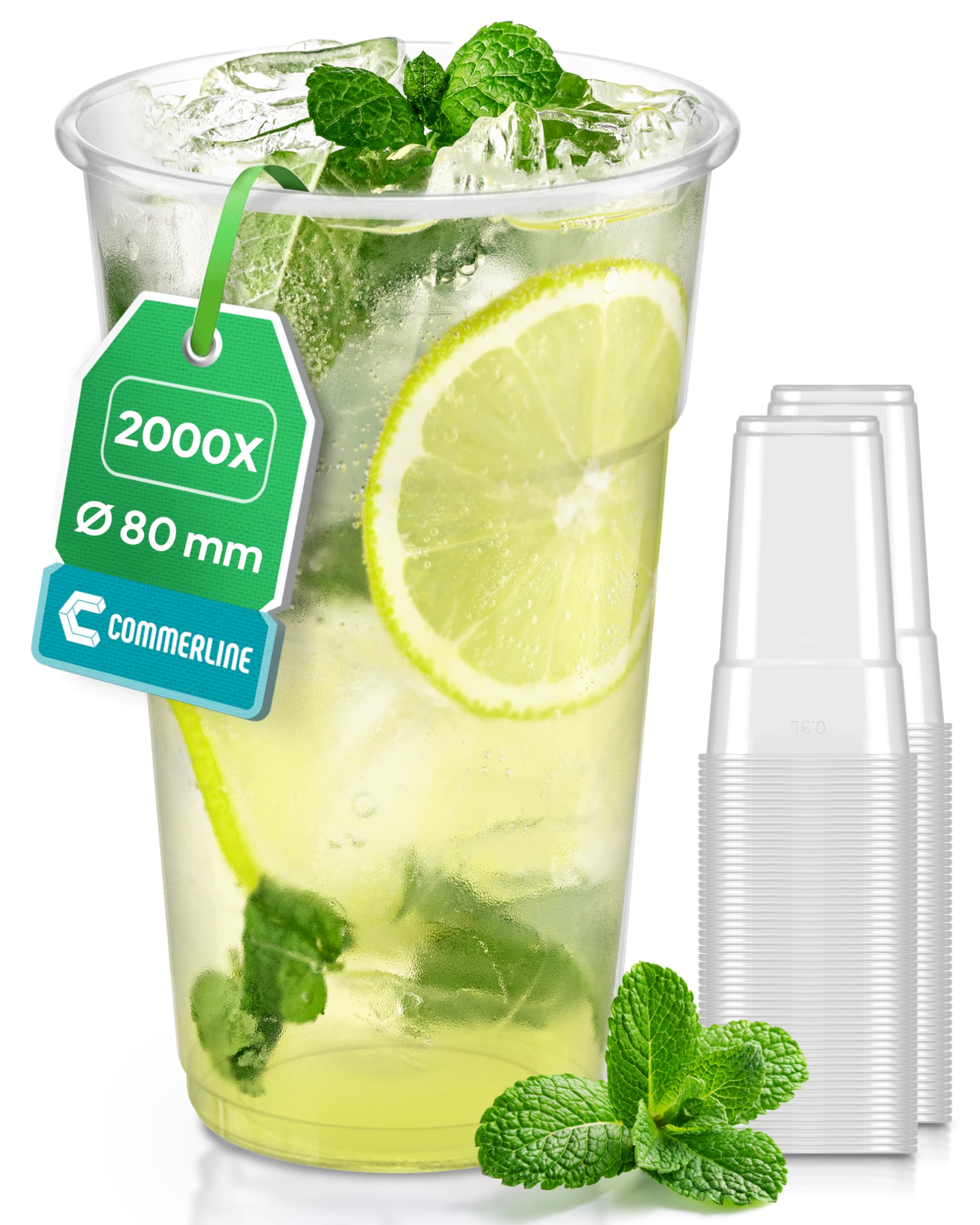 Commerline 2000 Pezzi Bicchieri di Plastica 0,3 L | Monouso | Trasparente | Per Bevande Fredde e Birra | Ideali Per Feste