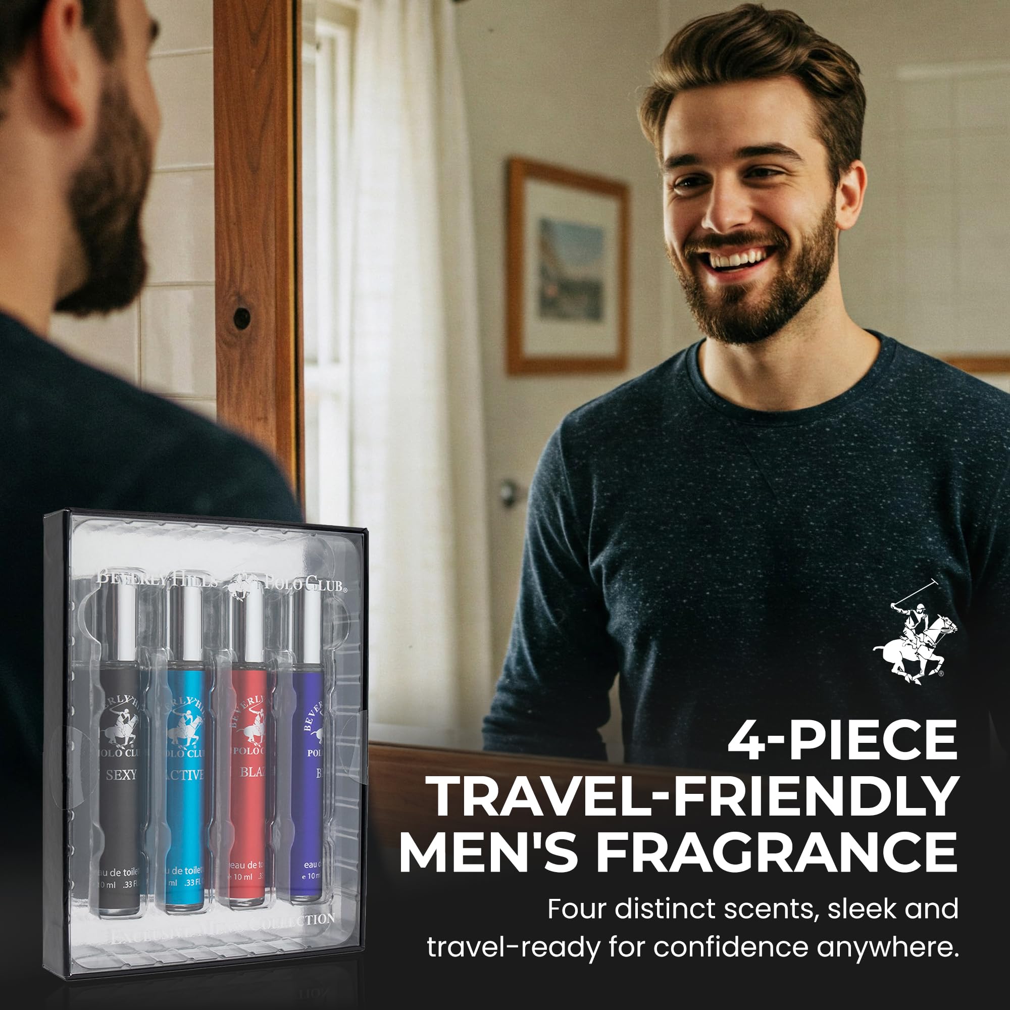 Beverly Hills Polo Club EDT Pen Spray Collection - Set of 4 Men's Fragrance Gift Set - Active, Sexy, Blaze and Blue Scent - Long-Lasting, Travel-Friendly Cologne for Men (10ml Each)