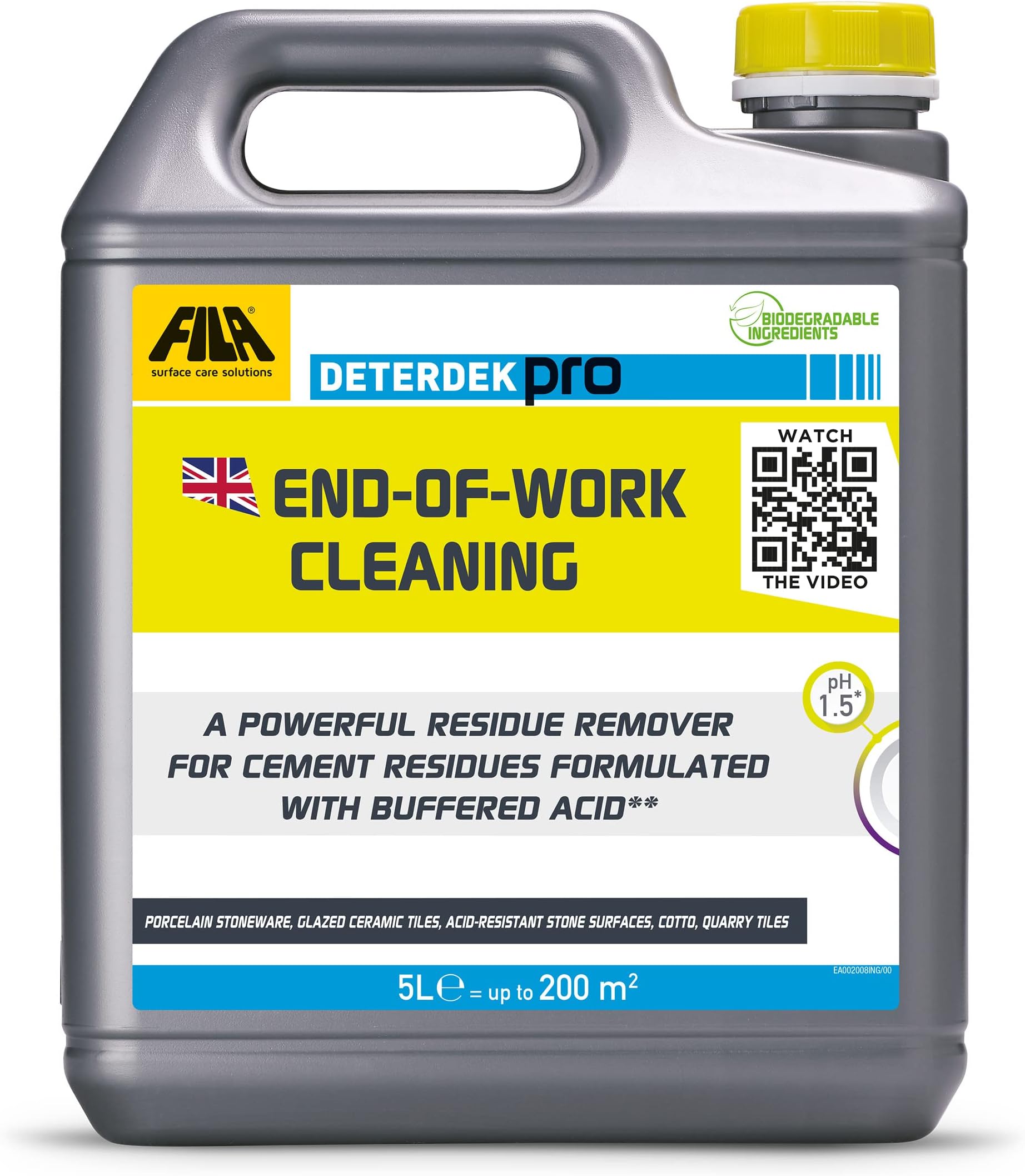 DETERDEK PRO, Cement Remover and Brick Acid Cleaner, Efflorescence Remover, Strong Patio Cleaner, Ideal for Porcelain Tile, 5L