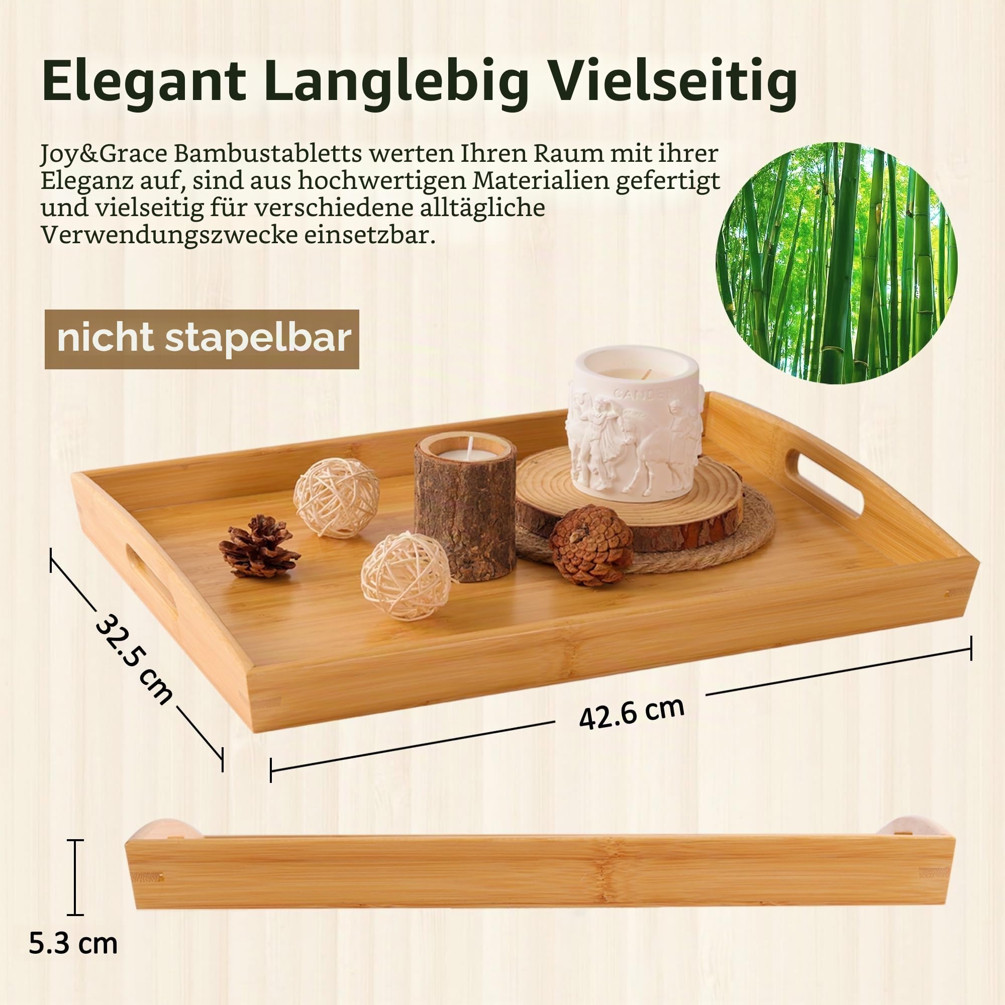 Joy&Grace Bambus Serviertablett mit Griffen – Frühstückstablett aus Holz, 42,6 x 32,5 cm – Esstablett fürs Bett, Sofa, Couchtisch & TV – 1 Stück