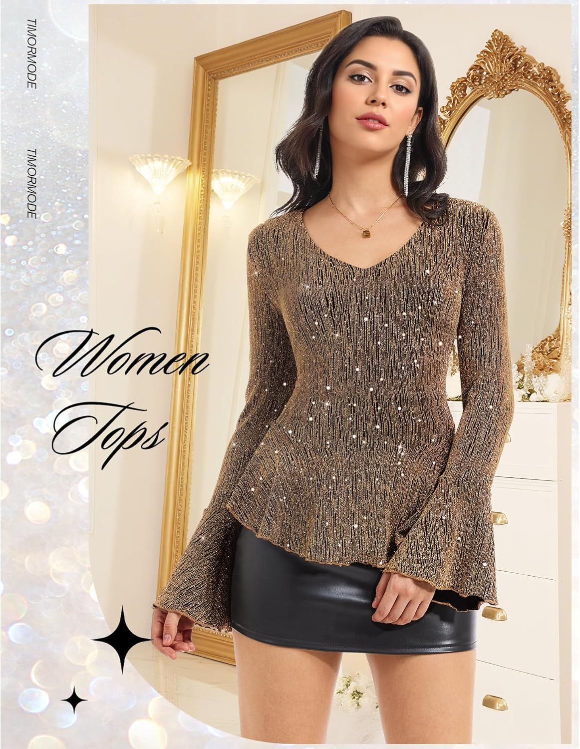 Sparkly Tops for Women Long Sleeve V Neck Ruffle Hem Sequin Shirts Glitter Blouses Evening Party Night - Image 2