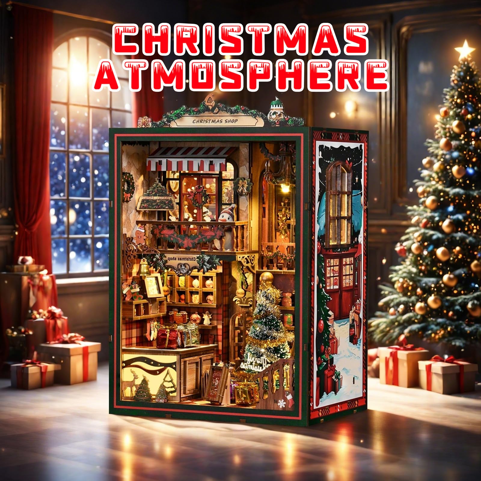 Kit per angolo del libro di Natale, fai da te in miniatura, casa delle bambole 3D, puzzle in legno, libreria, decorazione con carillon a LED, regalo di Natale per adulti e ragazzi - Negozio di Natale