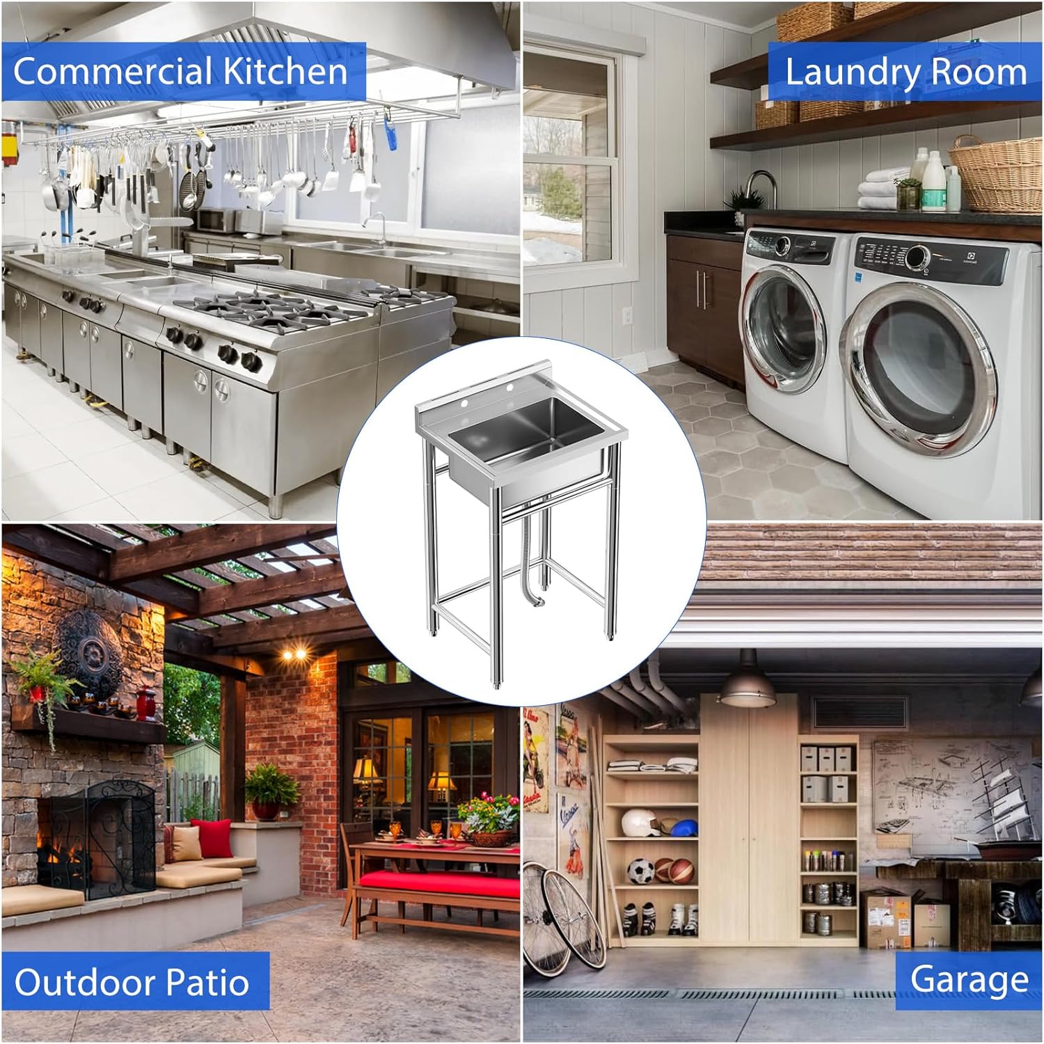 Freestanding Single Bowl Sink, NSF Commercial Kitchen Utility Sink Set with Workbench, Stainless Steel Sink for Kitchen, Bar, Garage, Backyard (28 in)