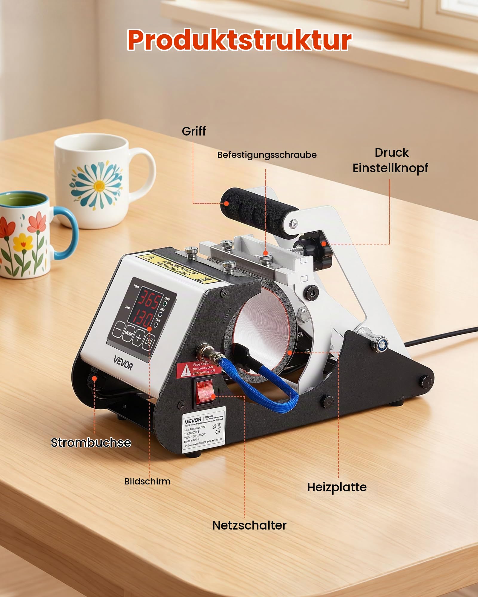 VEVOR Tassenpresse Becherdruckmaschine Mug Sublimationspresse 444ml Weiß, inkl. Klebeband & Handschuhen Einfache Temperatur- & Zeiteinstellung für Sublimationsdruck auf Bechern & Tassen