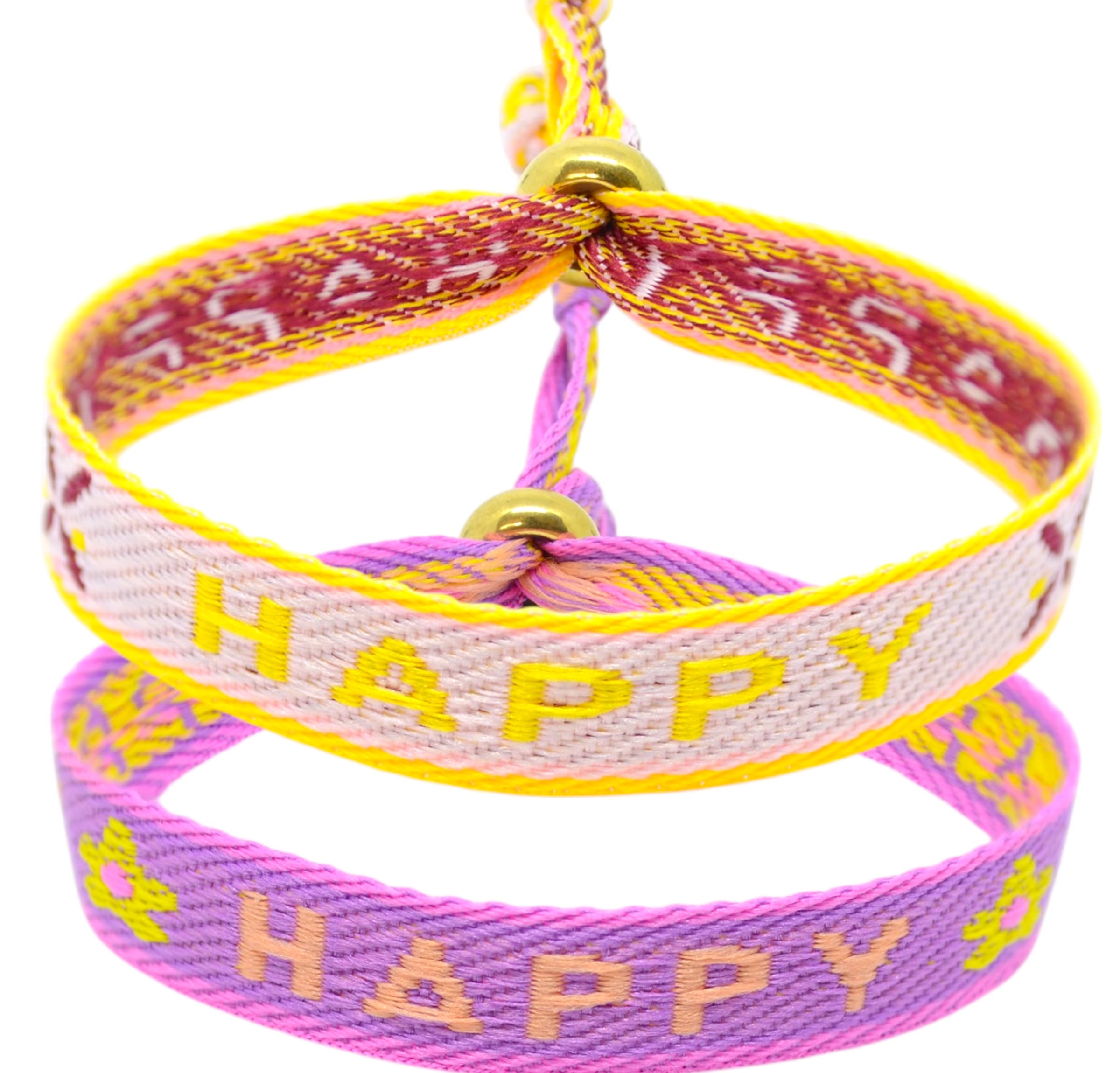 Selfmade Jewelry - Statement Festival Armband Stoff Armband Damen Stoffarmbänder in Pink für Festival Outfit Damen (2er Set: HAPPY)