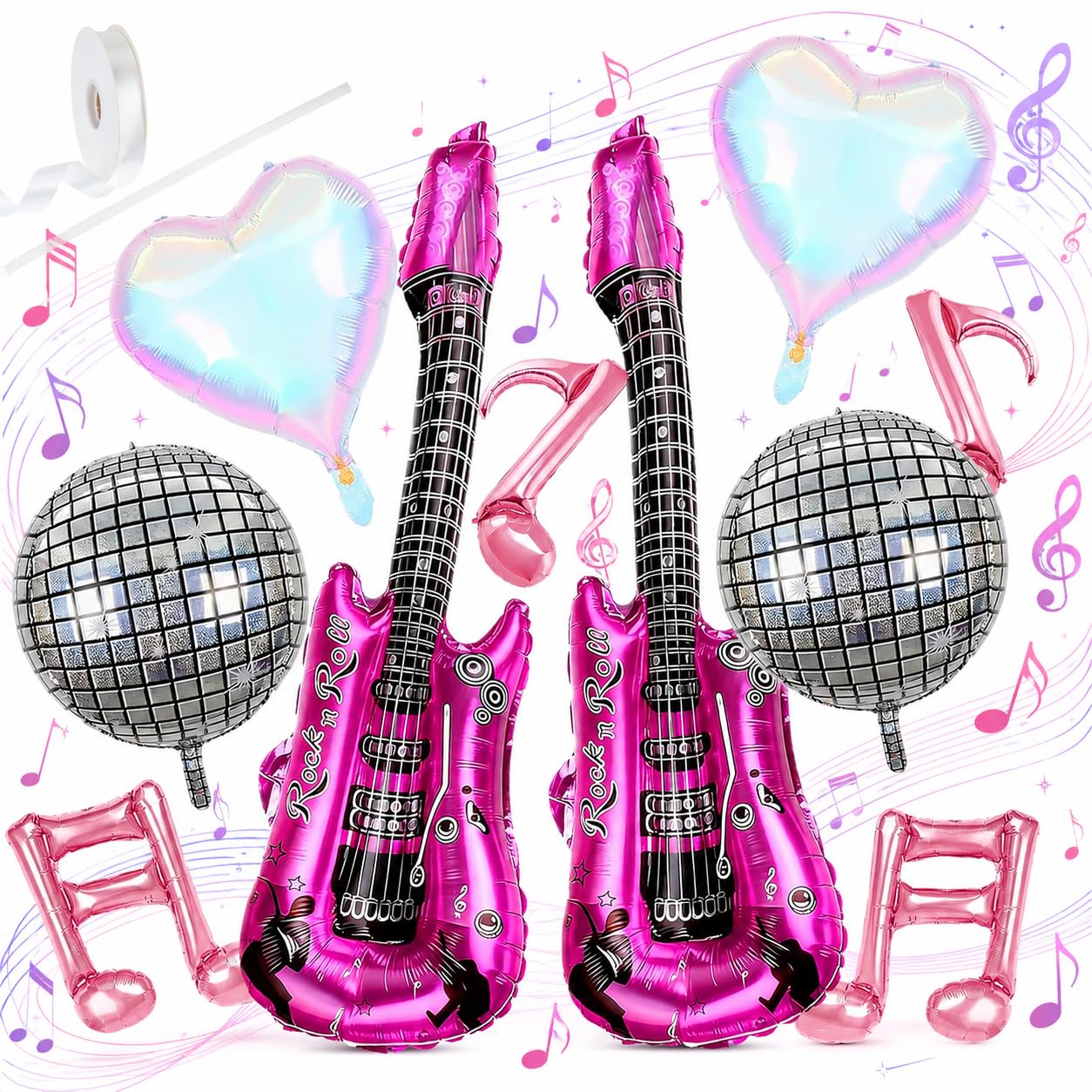 10 Pcs Music Party Foil Balloons, Guitar and Musical Note Balloons, Pink Disco Music Decorations for Birthday Concert Singer Theme Party and Festival