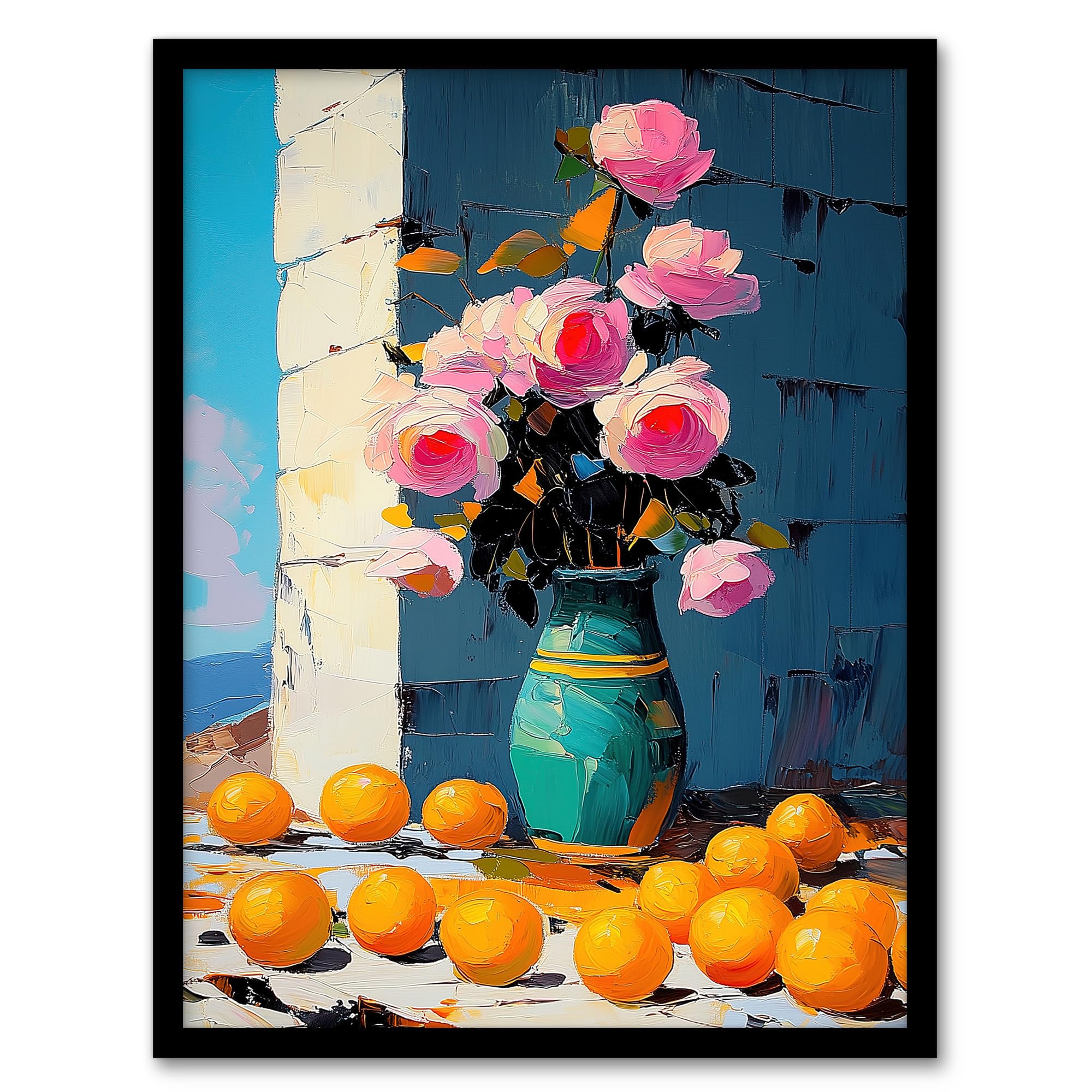 Artery8 Rose Flower Bouquet Vase and Oranges Still Life Kitchen Artwork Framed Wall Art Print A4