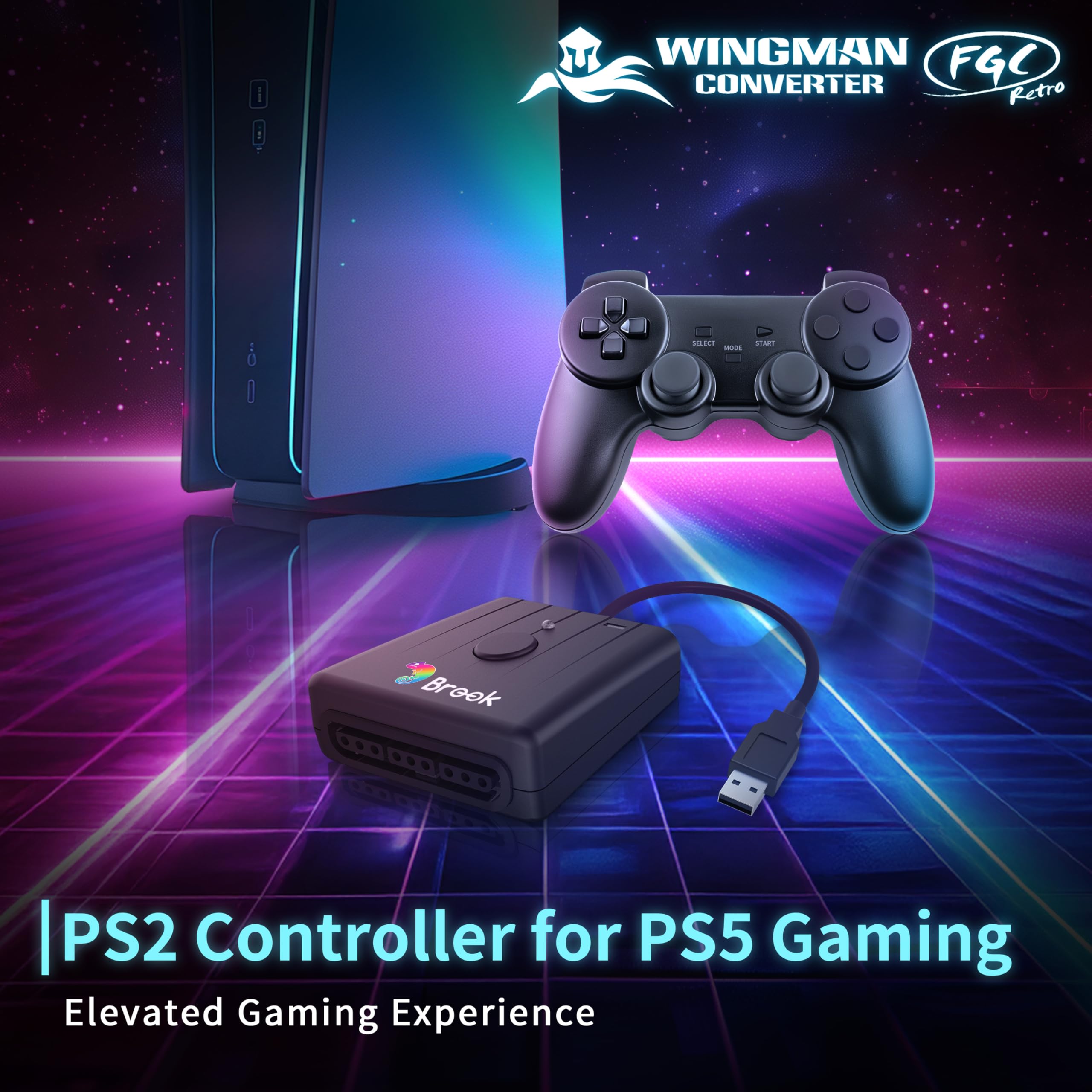 Brook Wingman FGC Retro- PS1 & PS2 Controller per PS5, PS4, PC - Turbo, Remap, Macro - X-Input - Compatibile con tappetini da ballo, arcade stick, controller di gioco ritmico