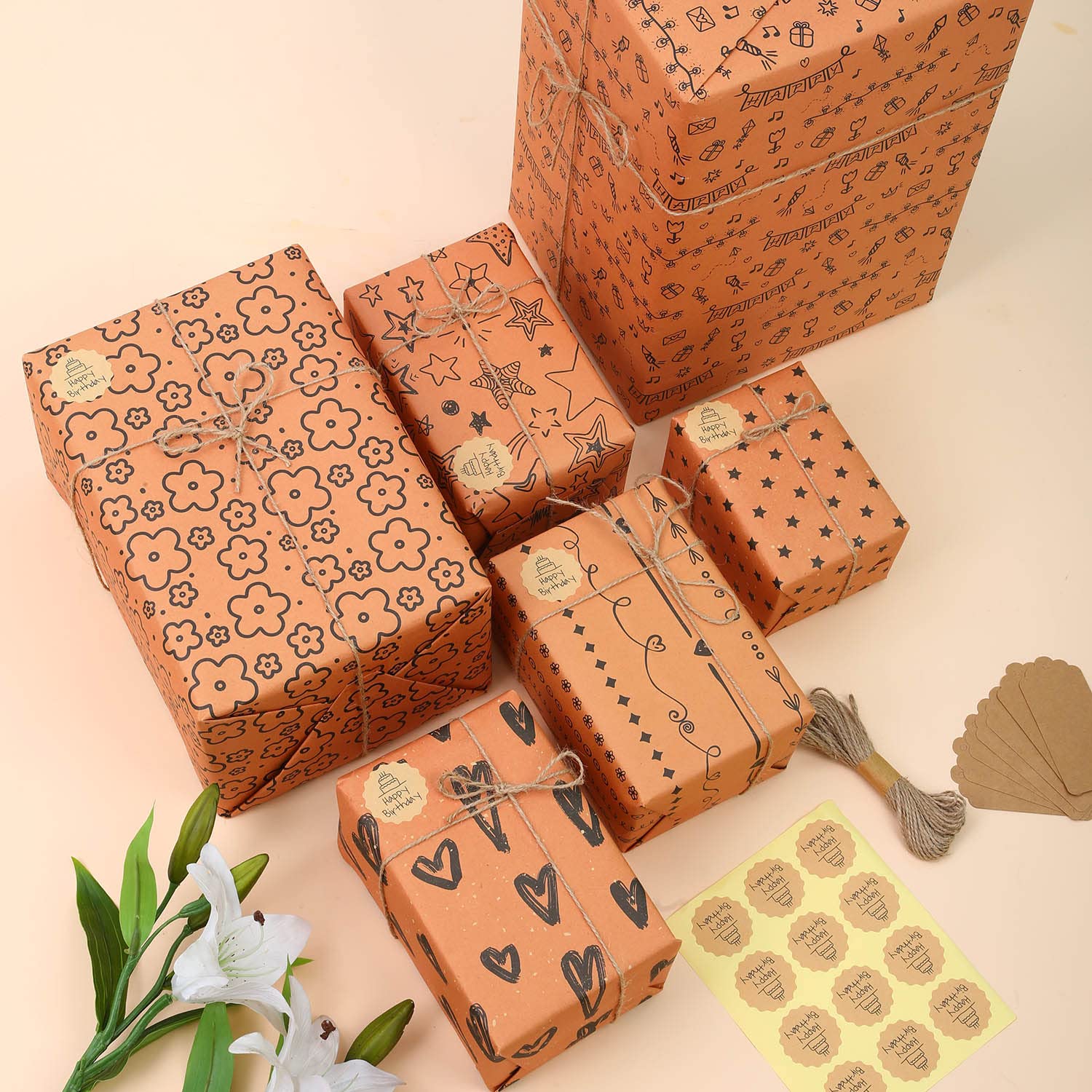 8 Fogli Carta Regalo Kraft 50x70cm + Corda Cotone - Design Vintage Per Compleanni E Natale