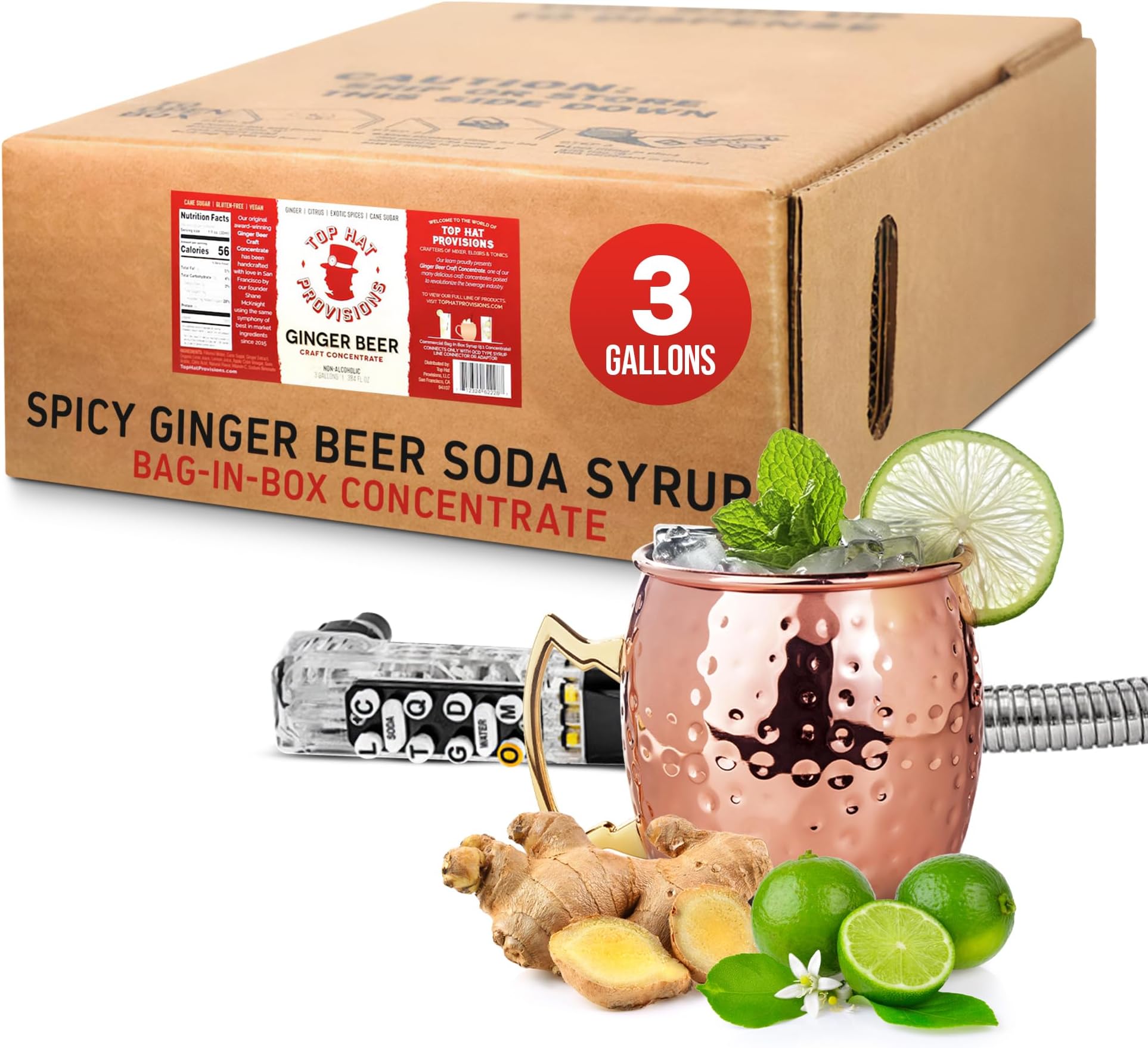 - Top Hat Original Spicy Ginger Beer Soda Syrup - 3 Gallon BIB Cocktail mix - Bag in Box Concentrate for Commercial Soda Gun and Fountain Systems - QCD connection required - 3 Gallon BIB