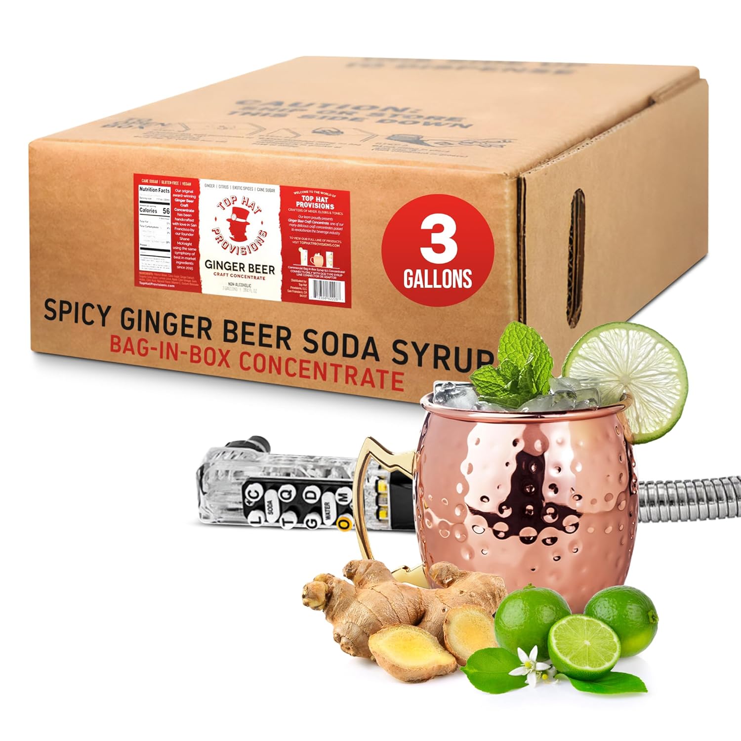 Top Hat Extra Spicy Ginger Beer Soda Syrup - 3 gallon BIB Cocktail mix - Bag in Box Concentrate for Commercial Soda Gun and Fountain Systems - QCD connection Required (adaptors available)