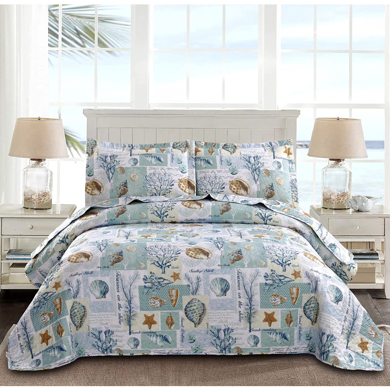 Ocean Beach Theme Quilts Set Full/Queen Size Conch Seashell Starfish Seaweed Bedspreads Lightweight Patchwork Coastal Bedding Letter Printed Coverlets with Pillow Shams
