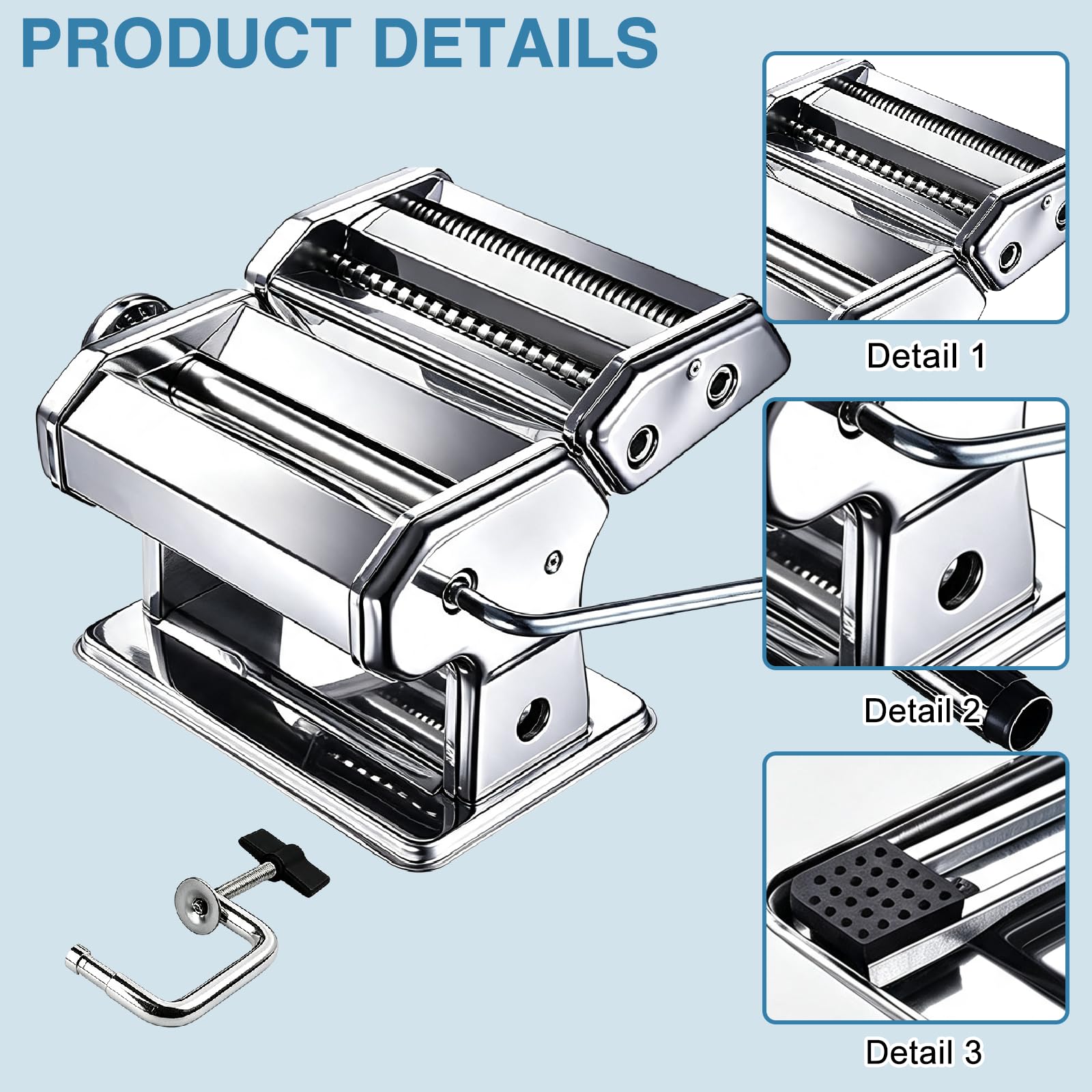 Máquina de pasta de acero inoxidable: máquina de pasta de acero de 150 mm con 9 grosores de masa y 2 anchos de corte, máquina manual de pasta para espaguetis, tallarines, lasaña, fettuccini