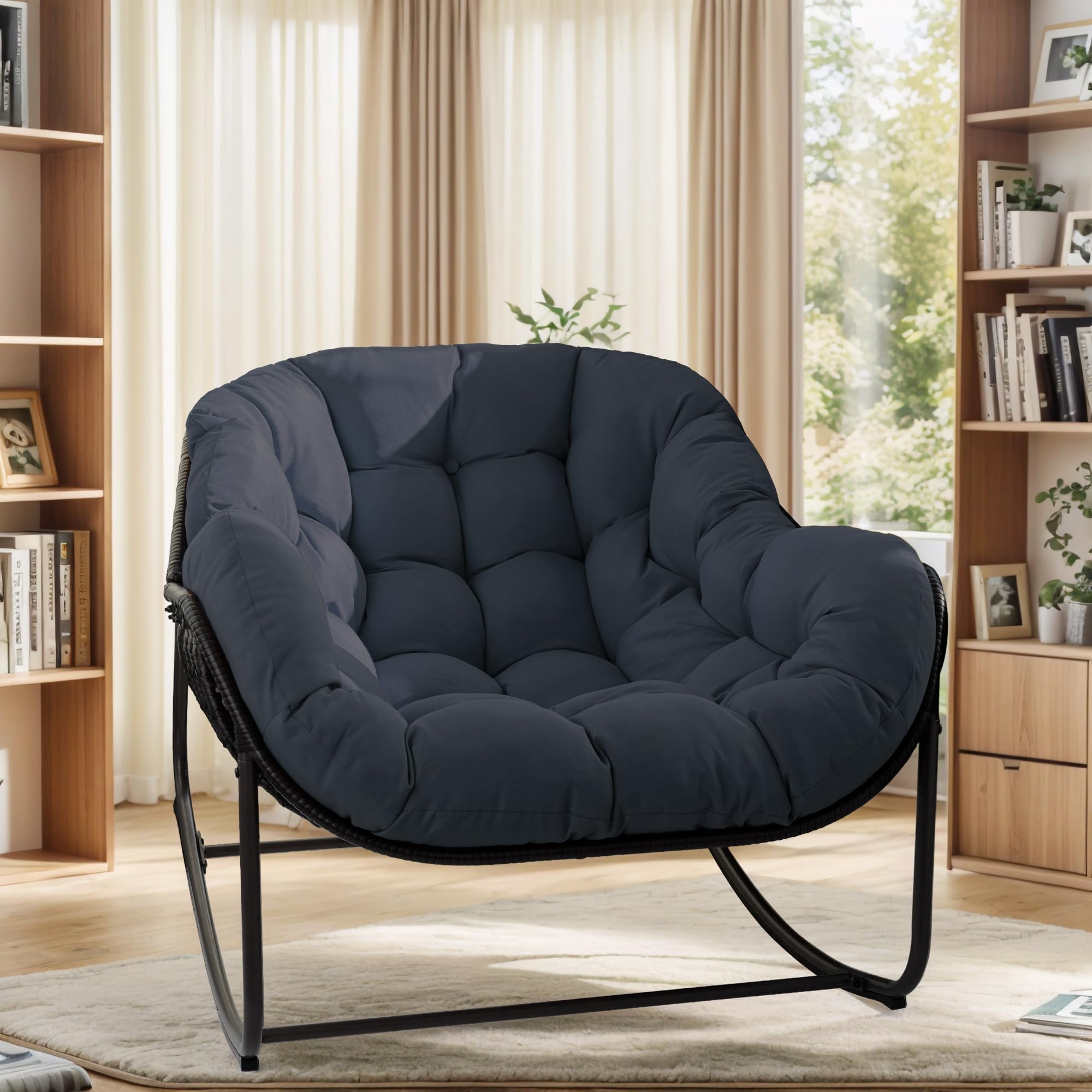 TIMWNER Papasan Rocking Chair, Oversized Egg Rocker for Indoor & Outdoor Use, All-Weather Wicker Patio Chair with Cushion & Pillow, Papasan Rocking