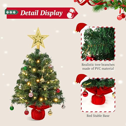 Miniatura 3 de Uten Mini Árbol de Navidad Bolas de Navidad Pequeñas 28 Piezas, Estrella de Copa del Árbol 50 LED Caja de Batería Impermeable con Base de Cemento