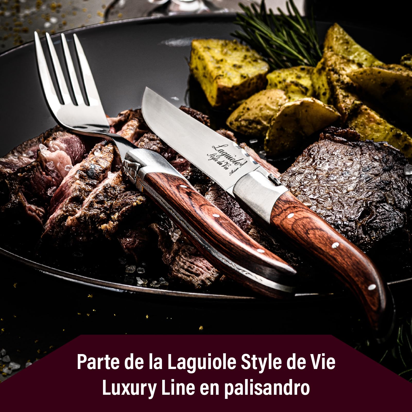 Navaja de Laguiole Style de Vie, con afilador y funda de piel, madera de palisandro, con caja de regalo