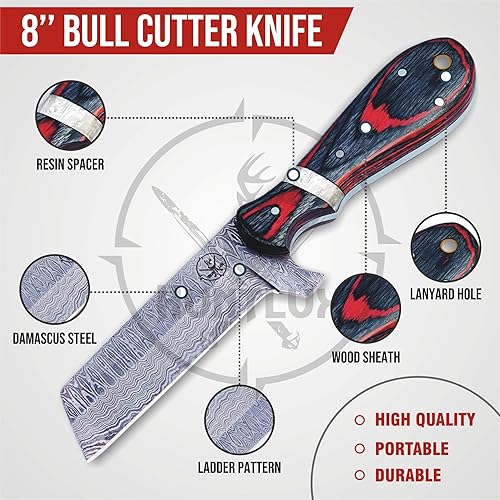 Miniatura 4 de Cuchillo de caza de acero de Damasco con funda para cinturón, cuchillo cortador de toros afilado hecho a mano de 8 pulgadas, cuchillo de hoja fija