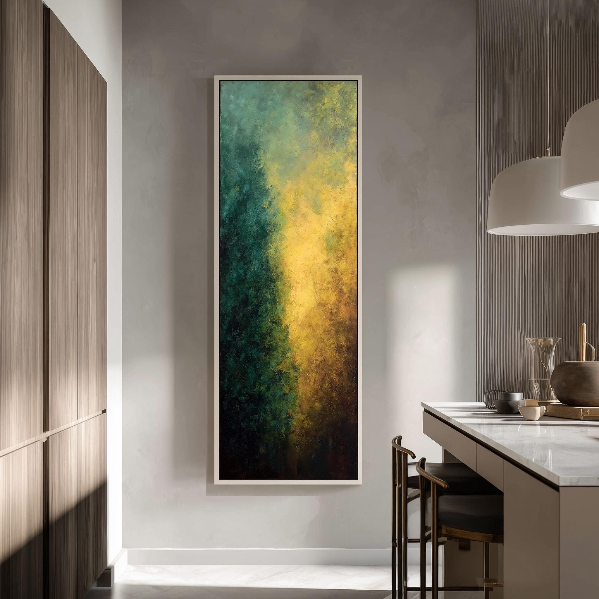 XINBAO Zielony długi obraz pionowy wysoki wąskie płótno, wydłużony druk leśny z efektem gradientu, nowoczesna dekoracja ścienna (50 x 150 cm / rama wewnętrzna).