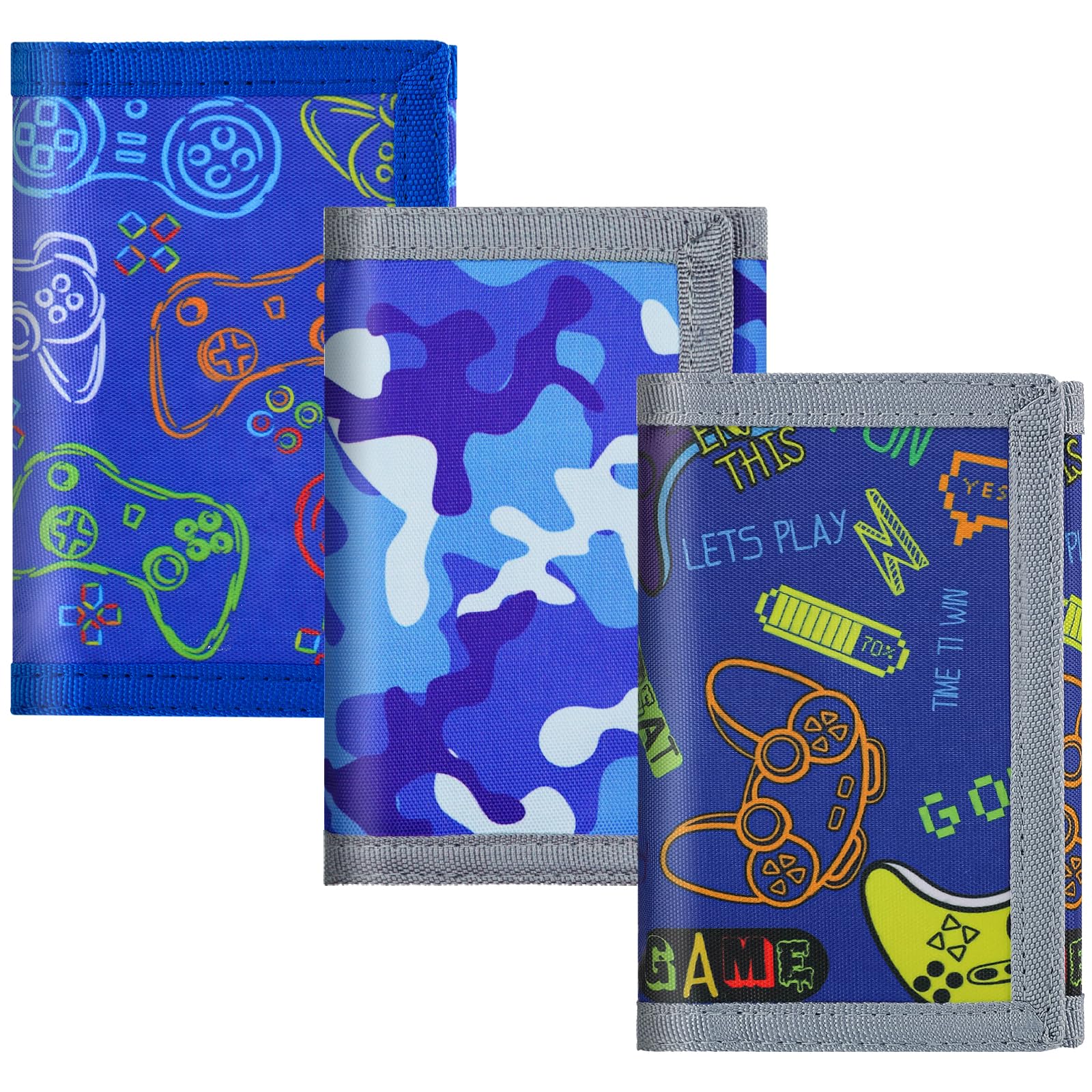 3 Pack Kids Mini Wallet Trifold RFID Blocking and Zipper Canvas Outdoor Sports Wallets with Magic Sticker, Blue Game, 3 Packs, Classic-image-49