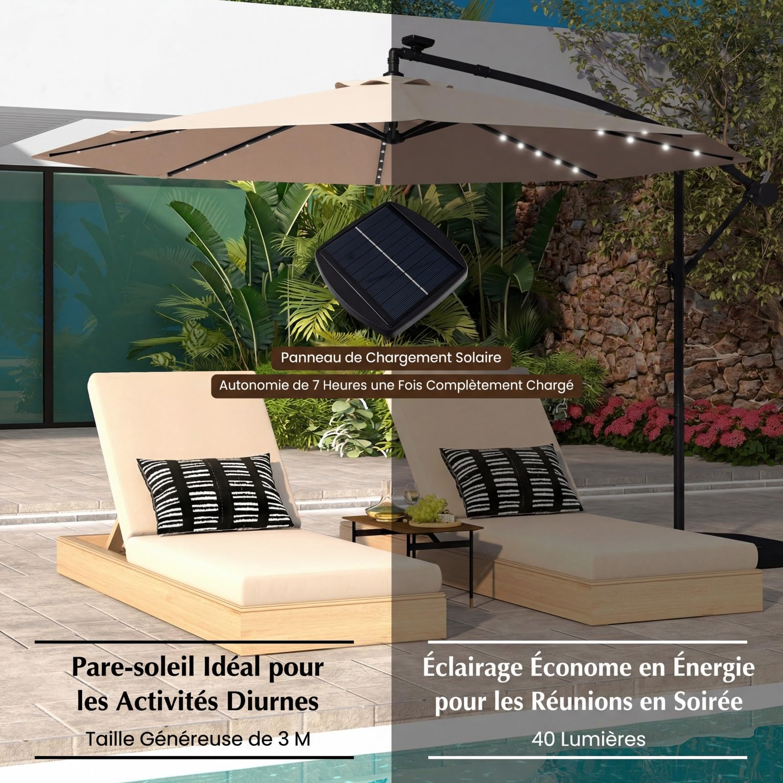 RELAX4LIFE Parasol Déporté Φ300 cm avec LED Inclinable 35° (Marron)