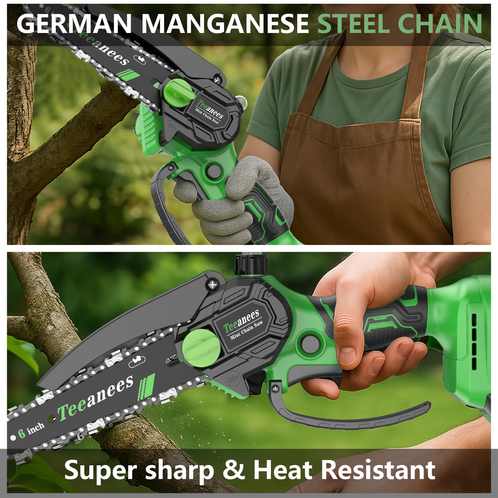 Mini motosierra inalámbrica de 6 pulgadas, motosierra eléctrica alimentada por pilas con engrasador automático, bloqueo de seguridad para cortar madera, podar árboles, jardín y uso doméstico