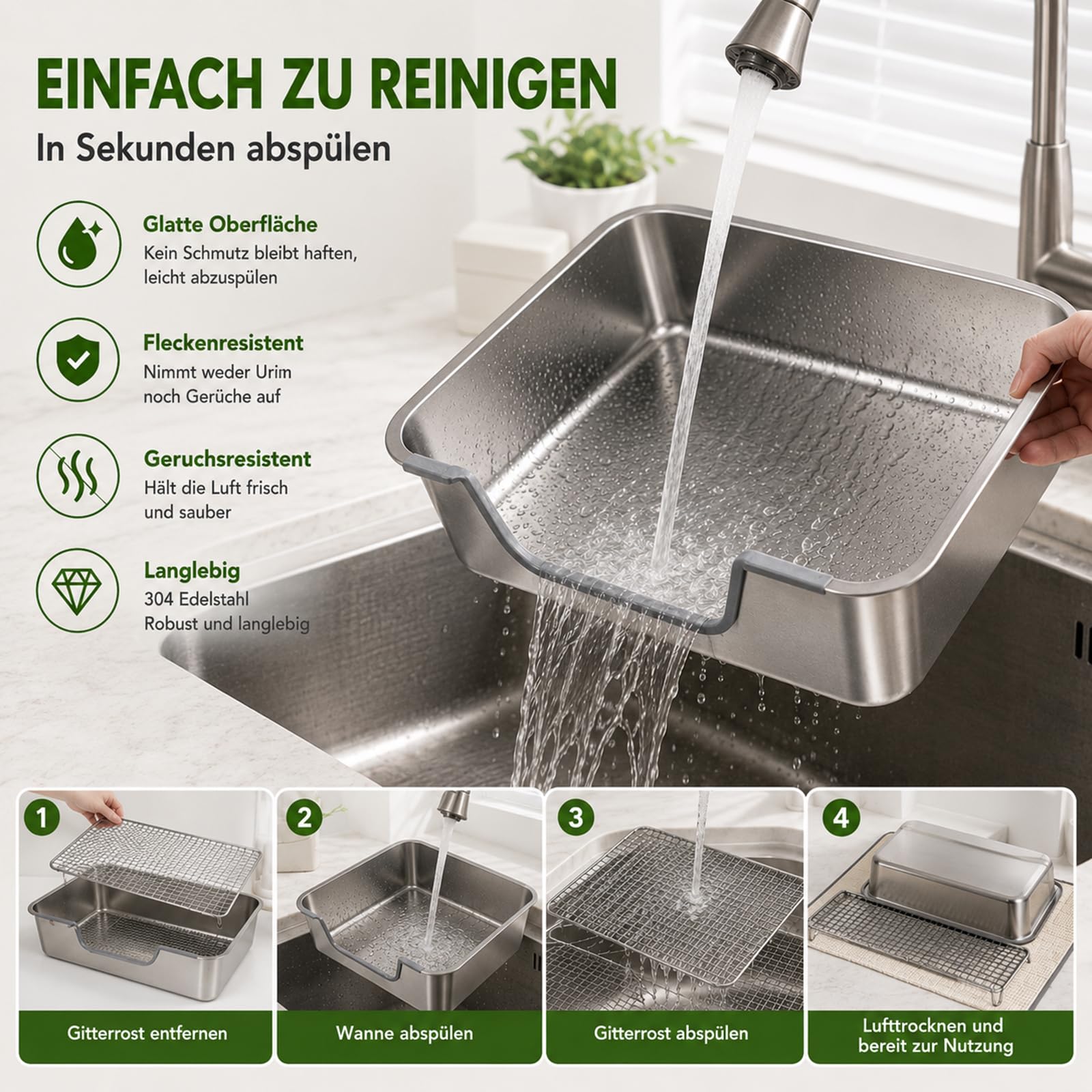 HYLYUN Edelstahl Kaninchen Toilette Große(40x30x15cm), Premium Nagertoilette mit Schutzgitter & Anti-Rutsch Füßen, Urinbeständig, Extrem Hygienisch, Ideal für 1 großes Kaninchen oder 2 Meerschweinchen