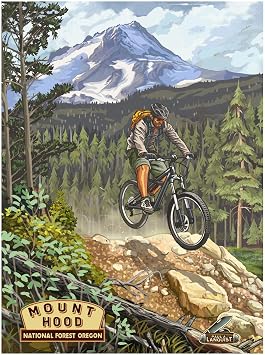 Mountain Bike Mt. Hood National Forest Giclee Art Print Poster from Travel Artwork by Artist Paul A. Lanquist 9" x 12"