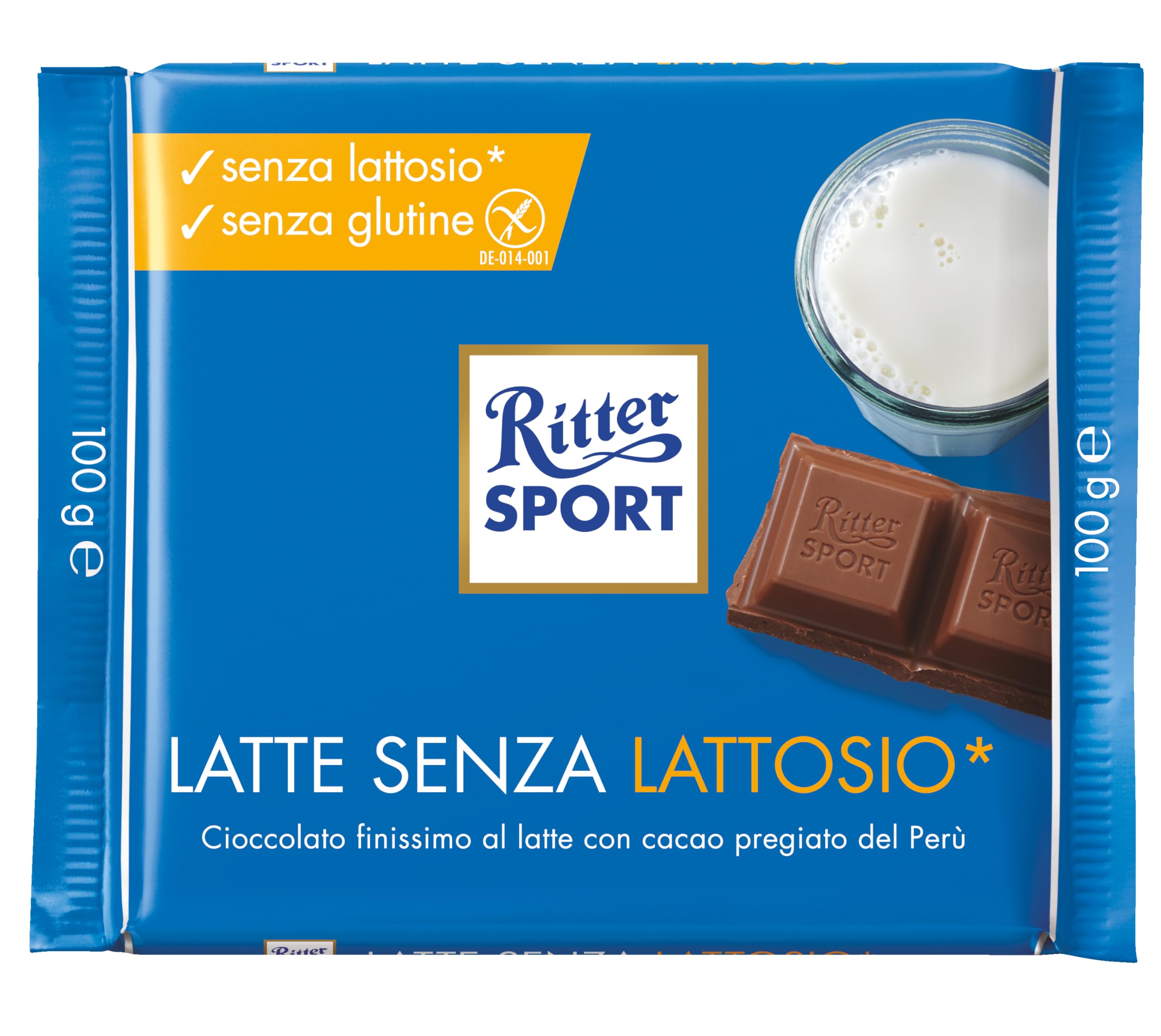 RITTER SPORT Latte Senza Lattosio, Tavoletta di Cioccolato al Latte Senza Lattosio, Cacao 100% Certificato Sostenibile, Senza Glutine, 12 Pezzi da 100 g