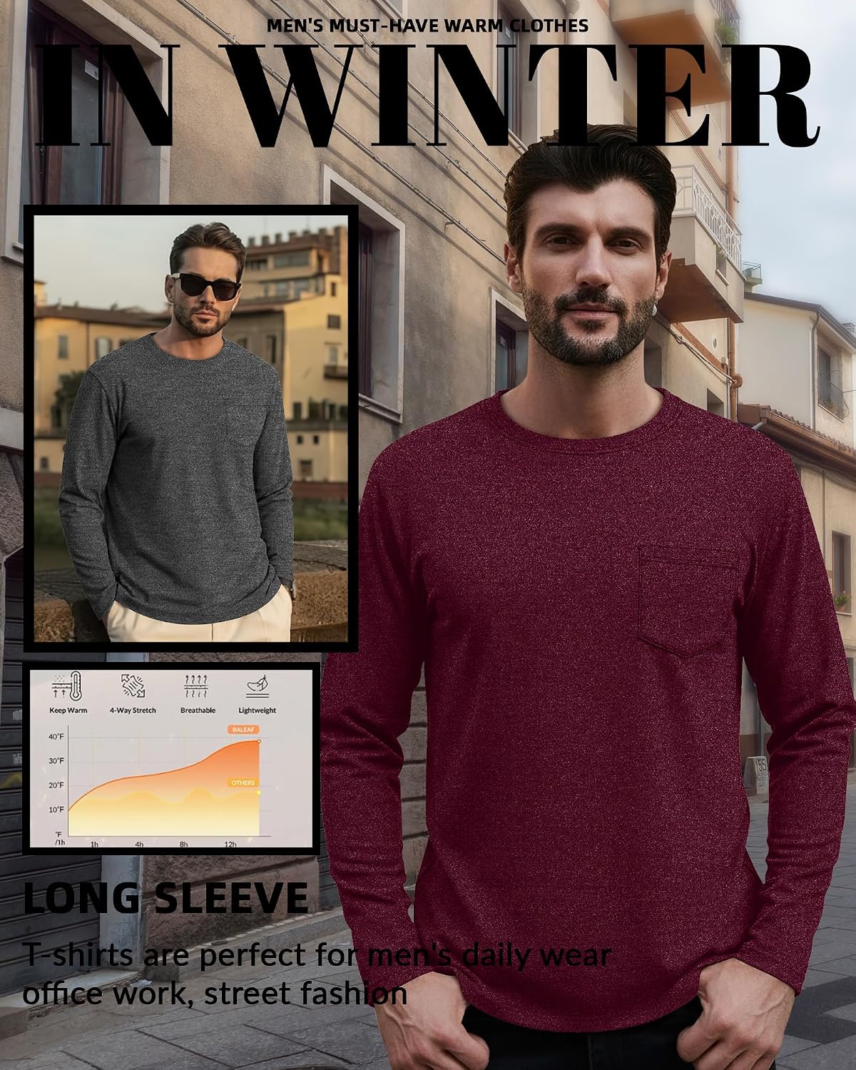 Neer 3 Pack Men's Big and Tall Thermal Shirt Fleece Lined Loose Fit Underwear Tops Casual Crew Neck Lightweight Base Layer