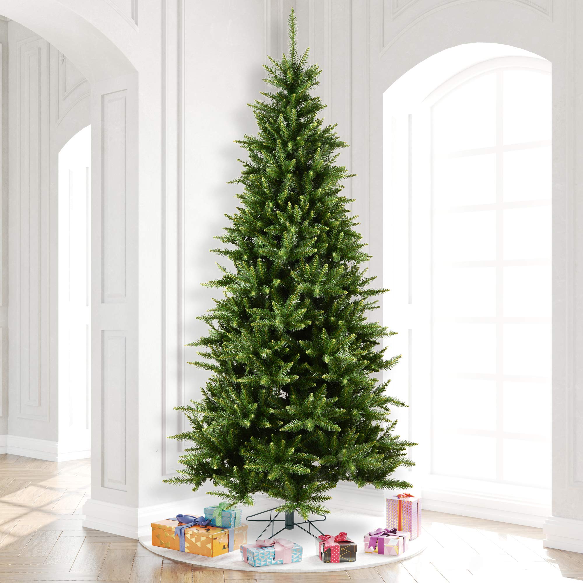 Vickerman 9.5' Camdon Fir Slim Artificial Christmas Tree, Unlit - Faux Slim Christmas Tree - Seasonal Indoor Home Decor - Easy Assembly with Folding Metal Stand