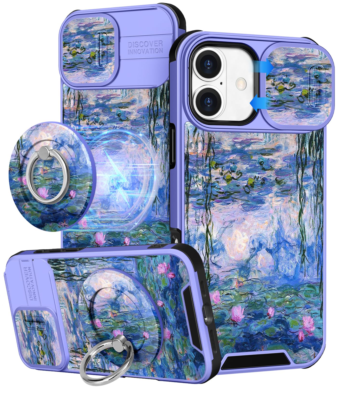Buleens for iPhone 16 Case 6.1 Inch - with Ring Stand & Camera Cover Aesthetic Cute Designed for Women Girls Girly Pretty Kawaii Blue Water Lily Teens