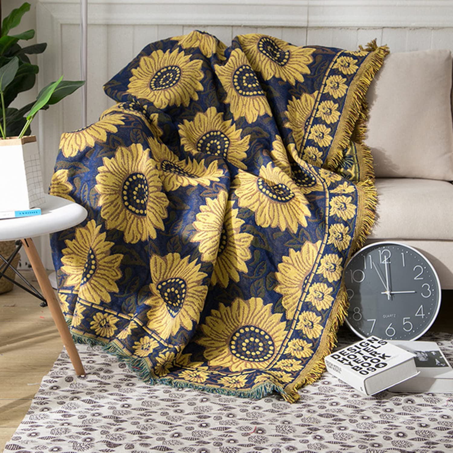 Creativity Thicken Sofa Couch Cover Blanket, Sunflower Throw Blanket w/Fringe, Decorative Cotton Knitted Reversible Sofa Blanket for Outdoor/Indoor,90x90cm