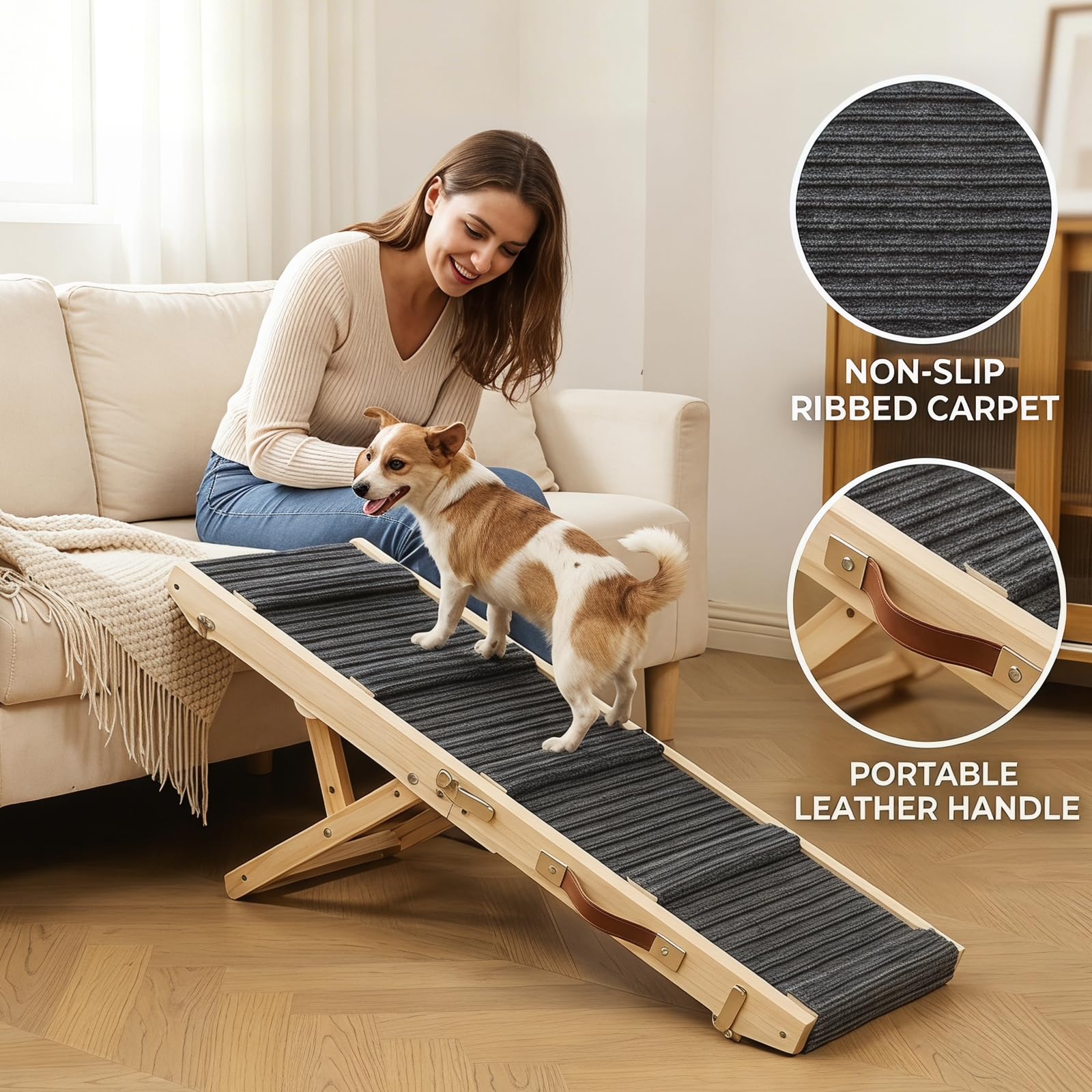 Hundetreppe, klappbare rutschfeste Sicherheitsrampe extrabreit und höhenverstellbar, bis 100 kg belastbar für Auto, Sofa, Bett sowie kleine Hunde im Haushalt und auf Reisen