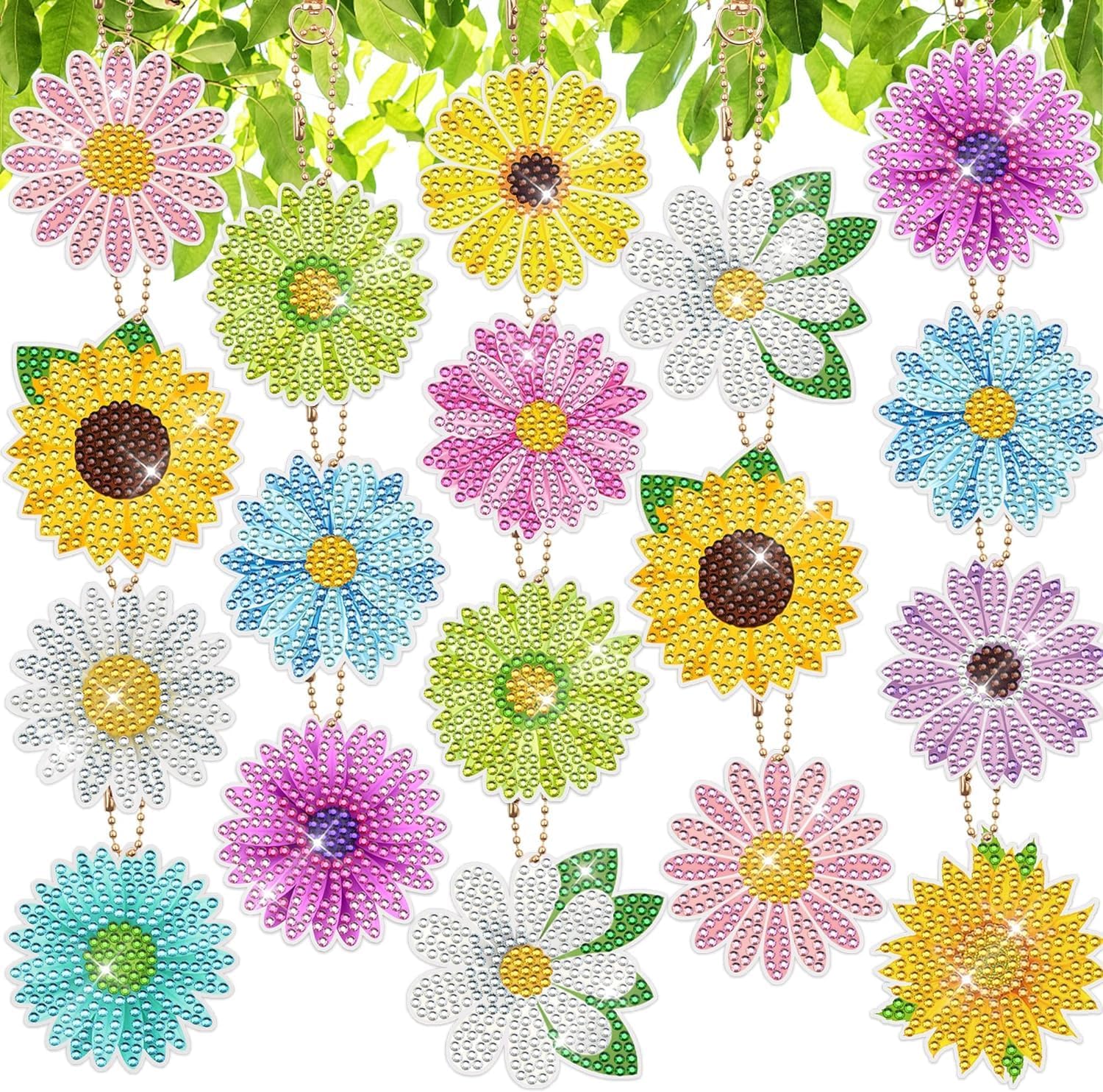 Tazweeq 12Pcs Diamond Painting Keychains, Daisy Sunflower Diamonds Art Key Rings, Double Sided Full Drill Diamond Keychains, Colorful Flowers Hanging Ornaments for DIY Crafts Home Party Decor